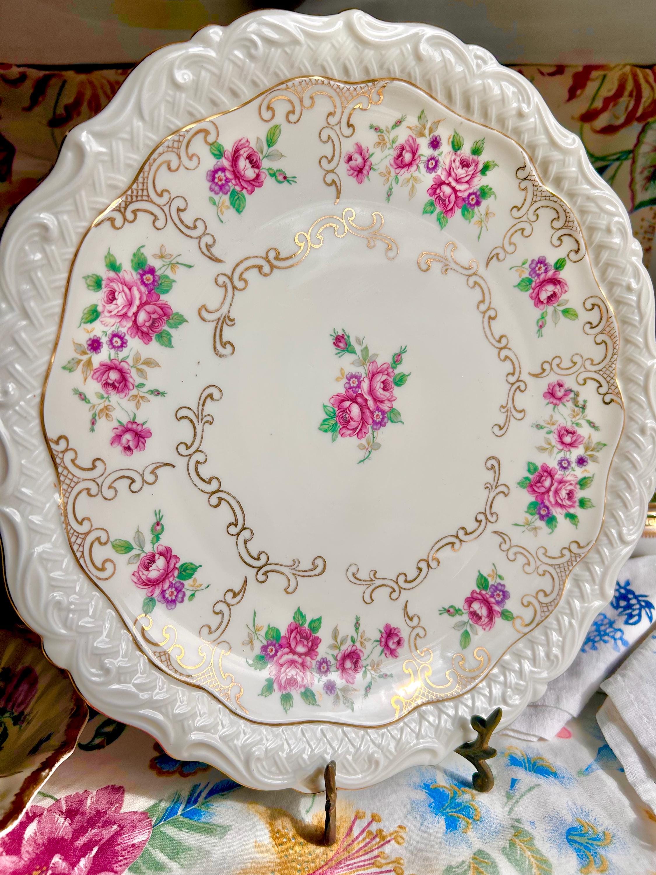 Vintage Bavaria Porcelain Platter: 12" Floral Basketweave Gold Trim