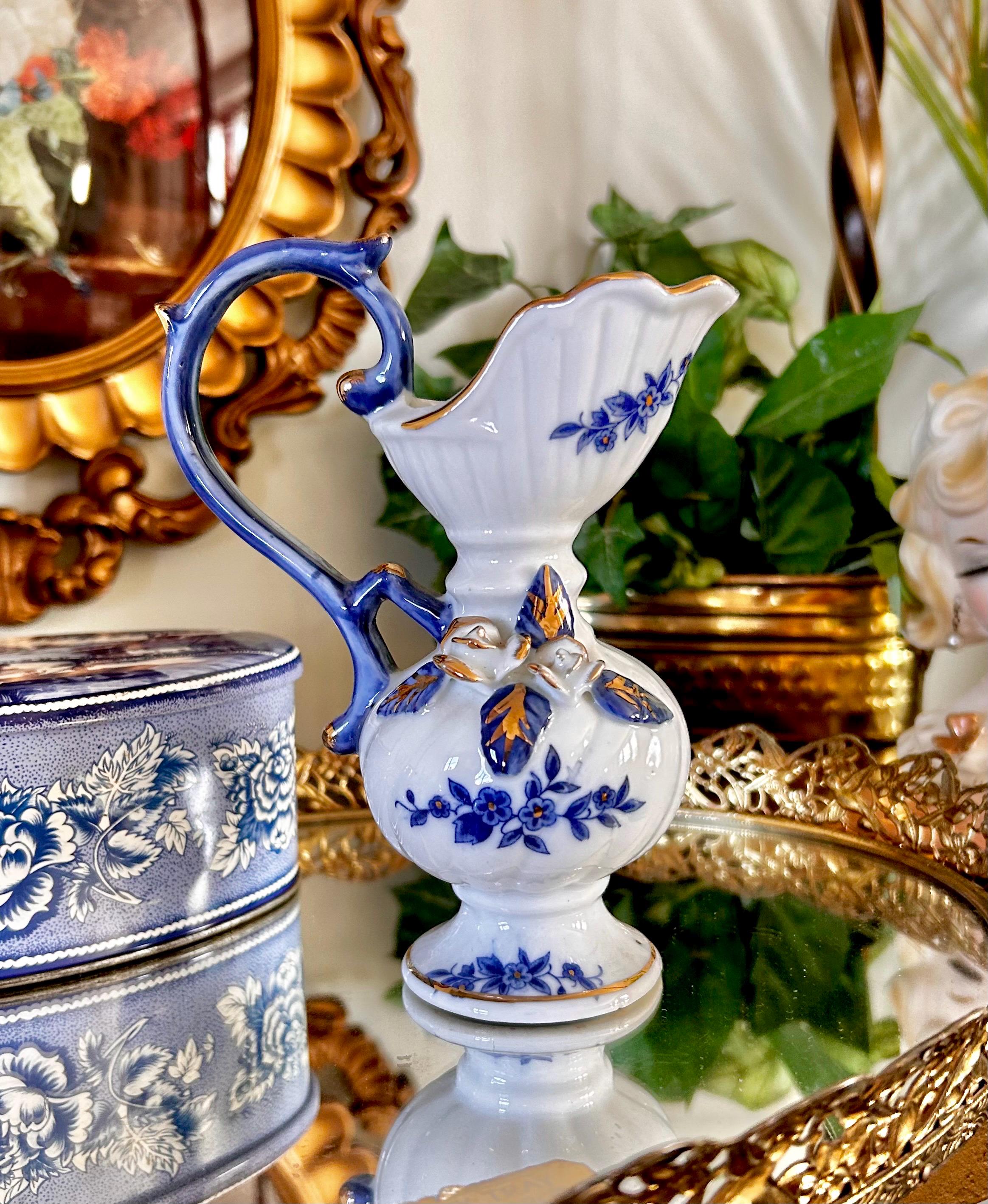 Vintage Brinns Blue and White Ceramic Ewer with Applied Roses