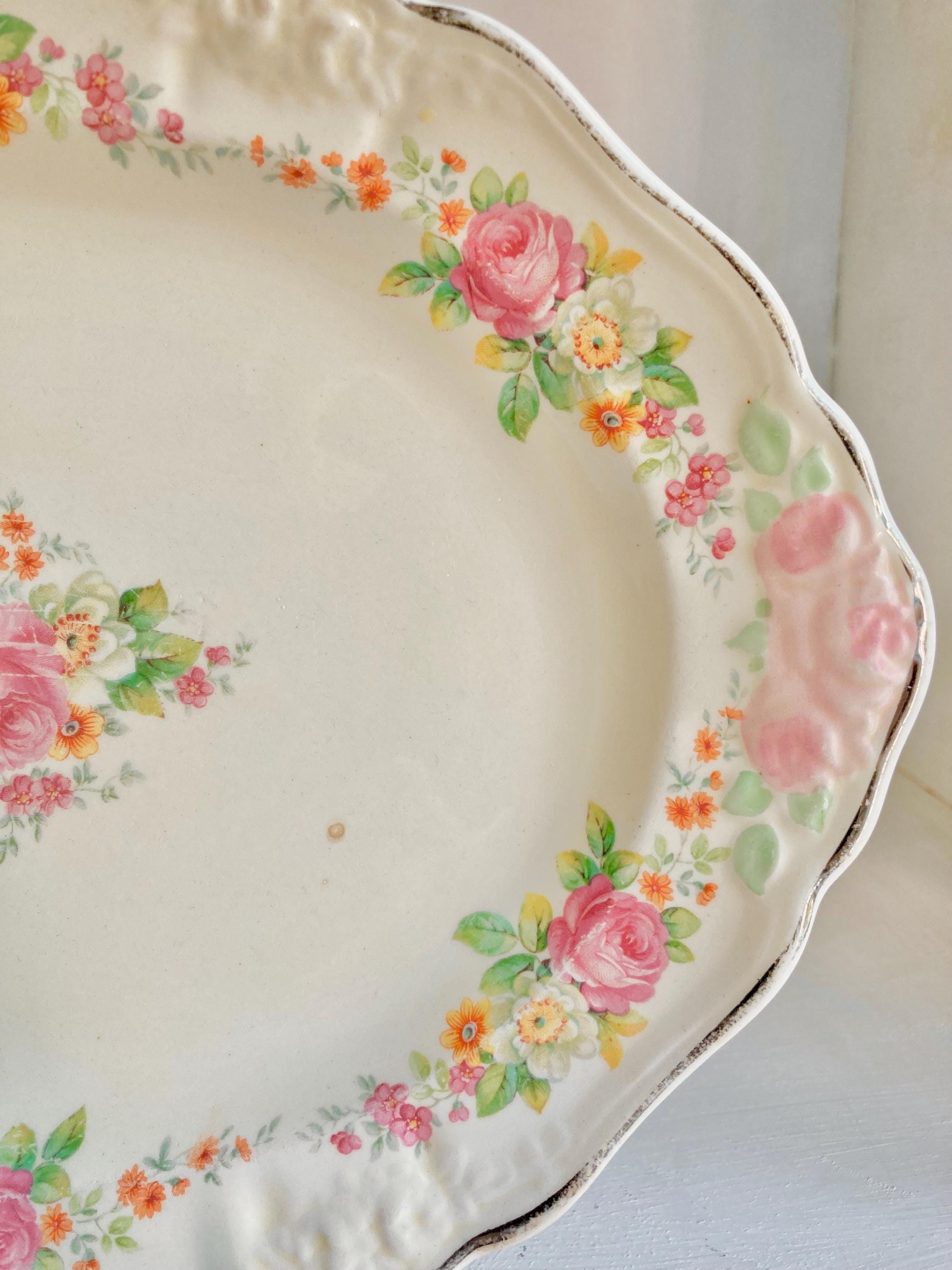 Vintage Taylor Smith & Taylor Floral Platter: Embossed Rose Bouquet, Silver Trim (11.5")