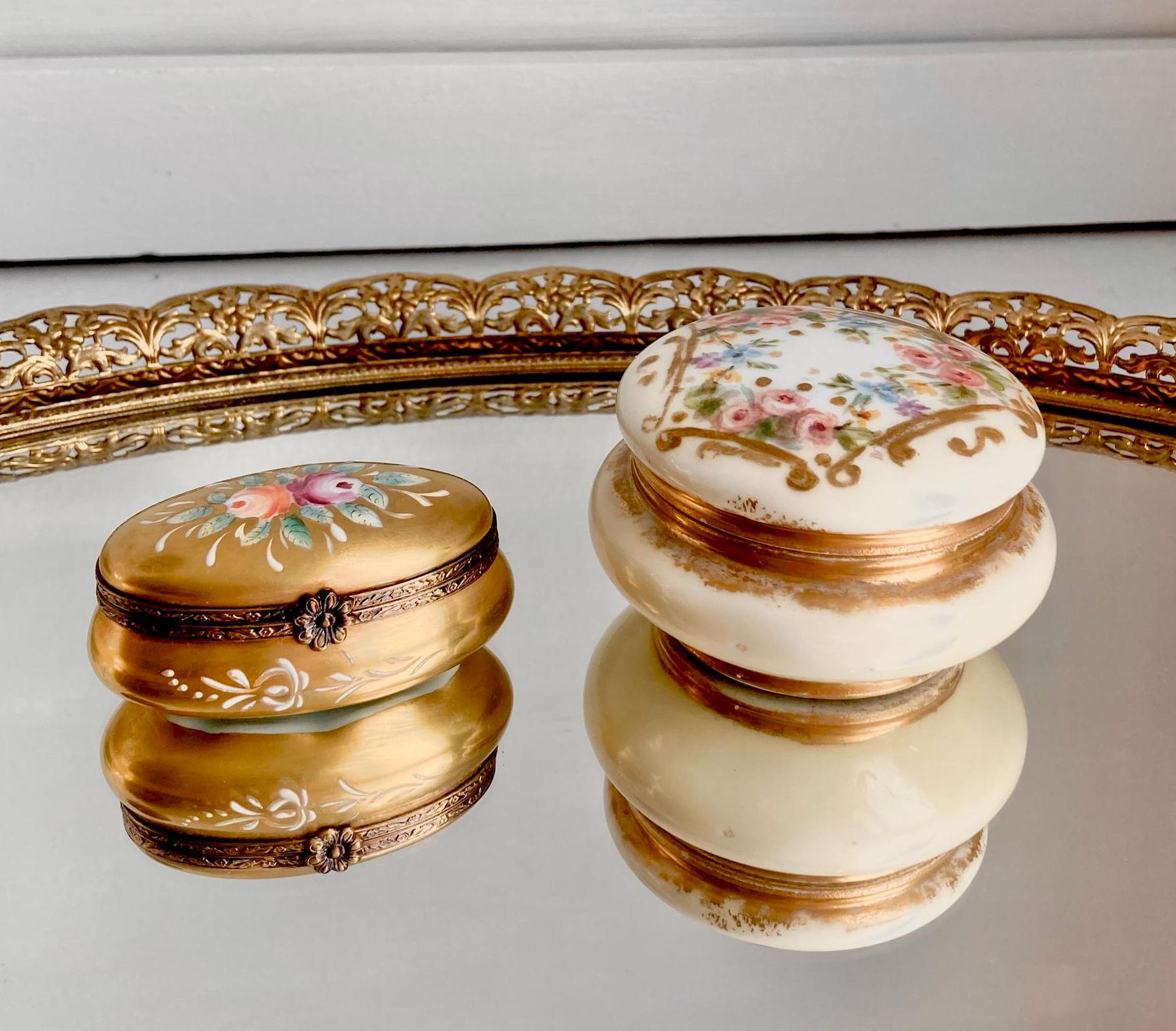 Vintage Limoges Porcelain Lidded Box: Hand-Painted Floral Gilt Jewelry Box