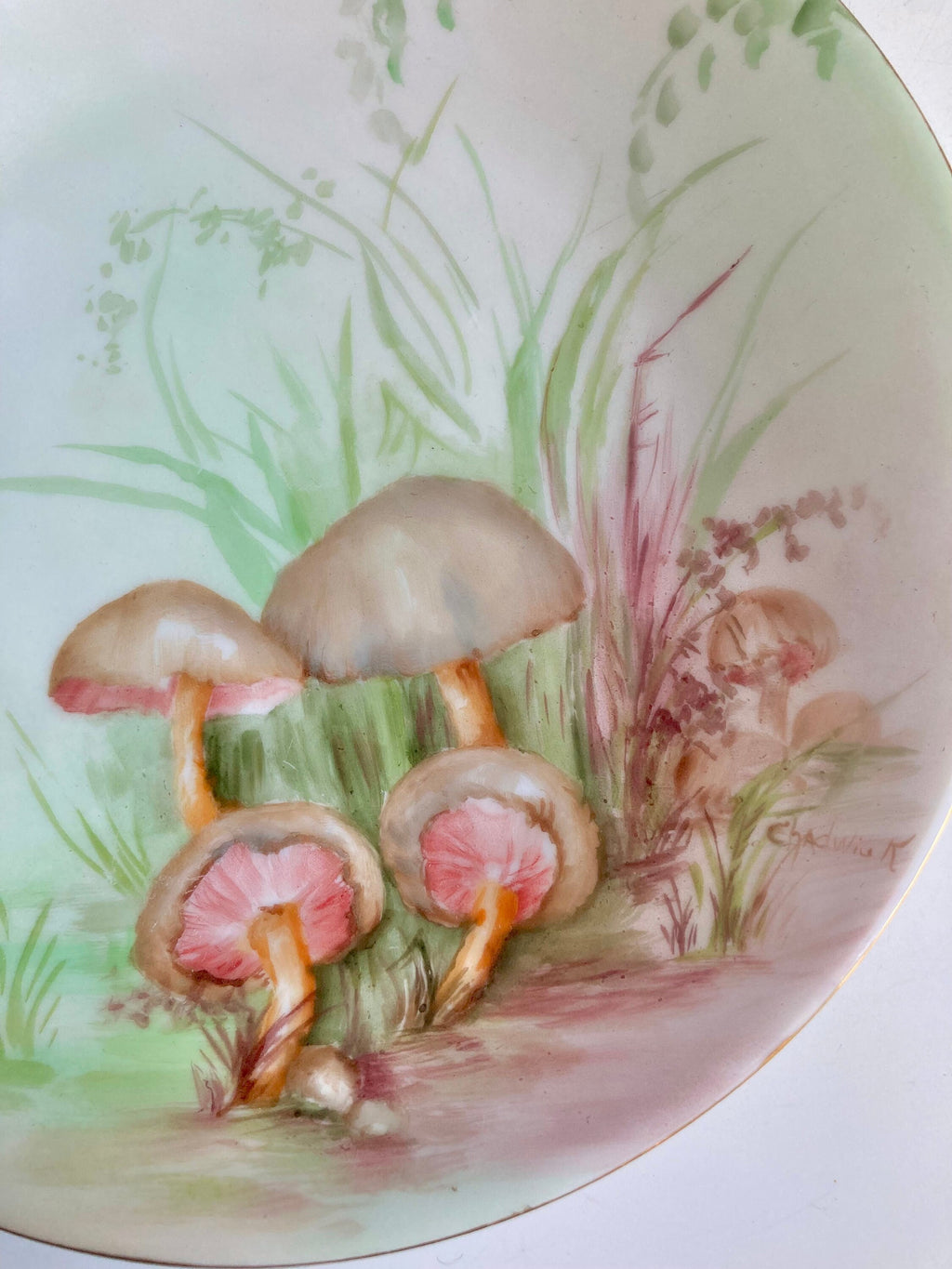 Antique Hand Painted Mushroom Plate: Gold Trim Dessert Plate, 7"