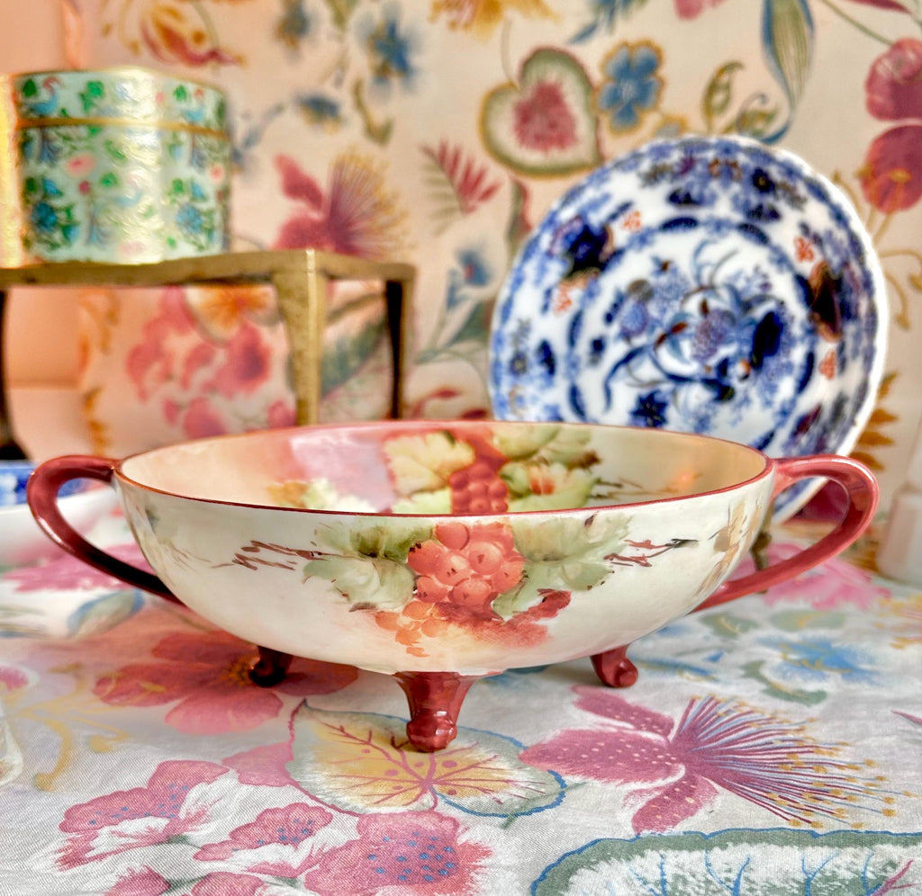 Antique MZ Austria Porcelain Footed Bowl: Hand-Painted Harvest Grape (CHIP!)