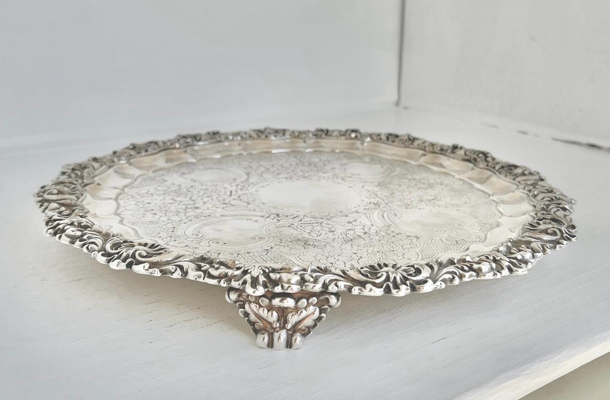 Vintage Silverplate Salver: Ornate Floral Etching, Footed Display Tray