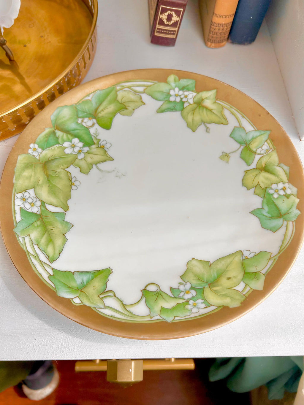 Vintage P.T. Bavaria Porcelain Plate: Hand Painted Ivy & Gold Trim (8.5")