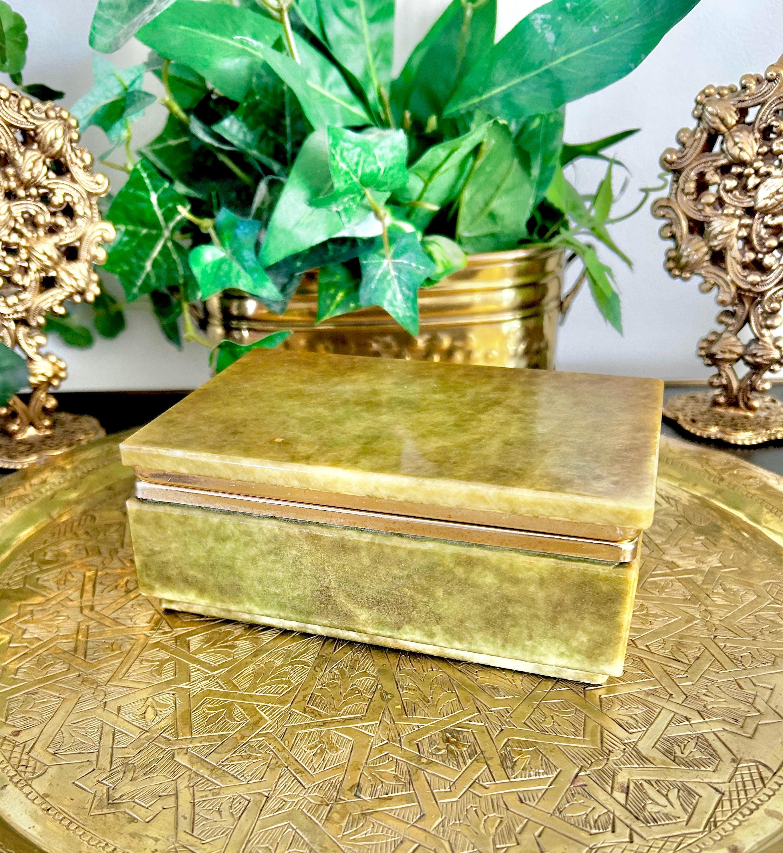 Vintage Olive Green Alabaster Hinged Jewelry Box with gold Tone Trim, Footed