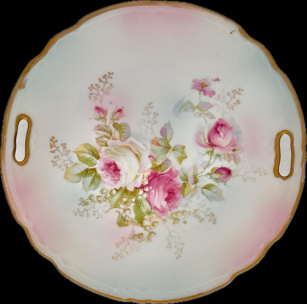Vintage Round Porcelain Transferware Platter with Open Handles, Roses, Gold Trim