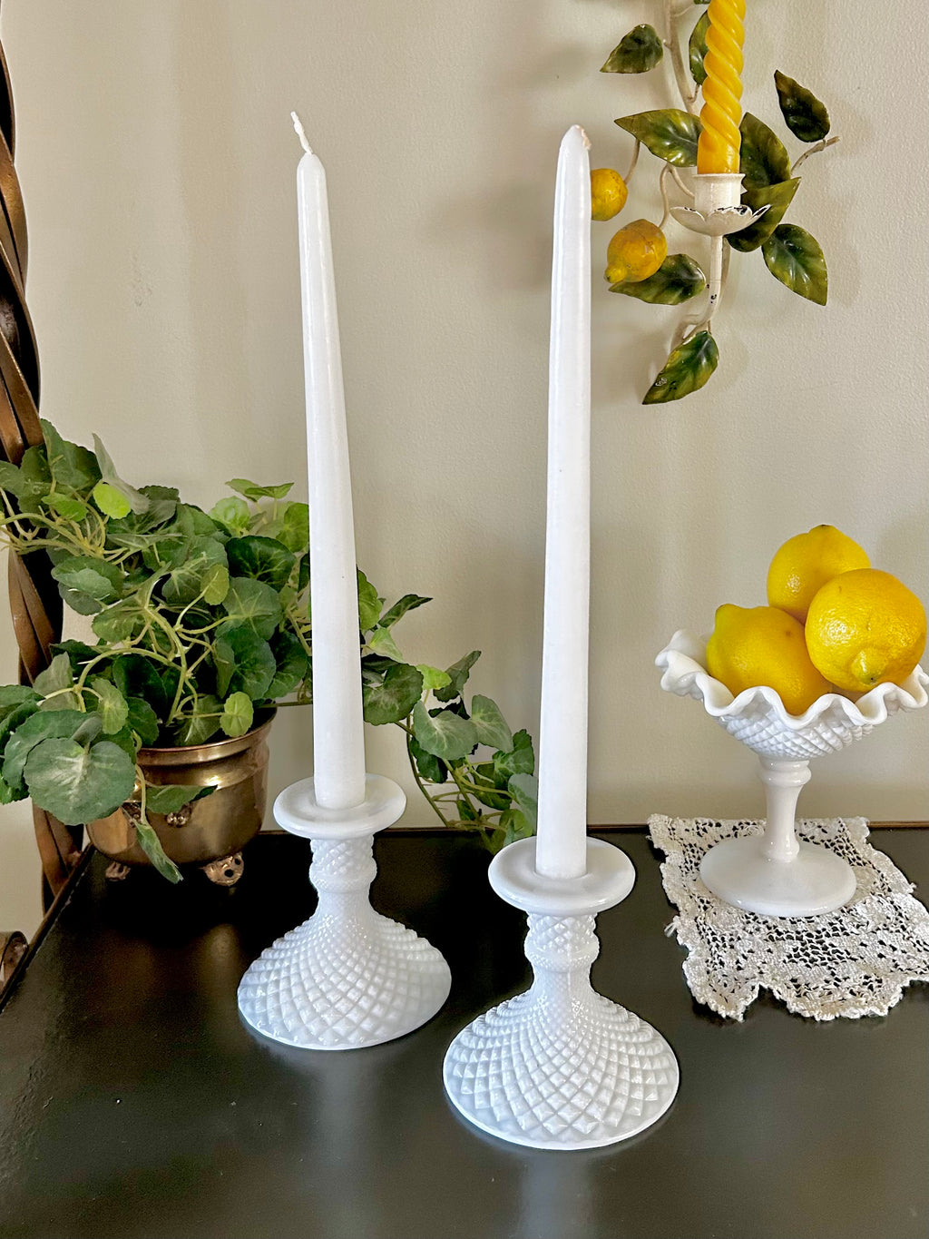 Milk Glass Candle Holders Diamond Hobnail