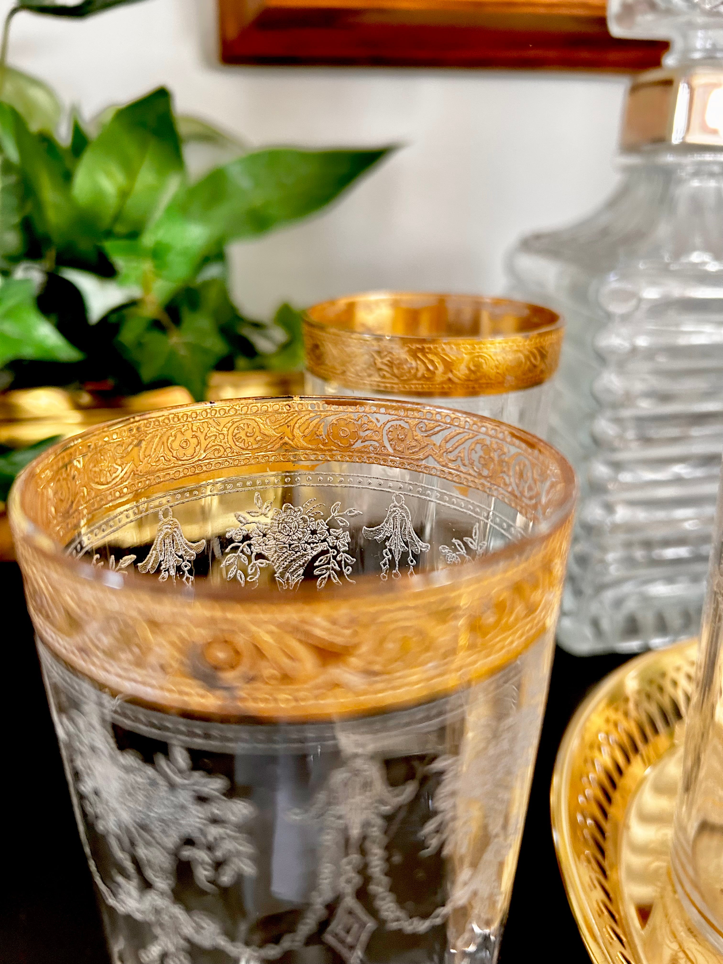 Midcentury Tiffin Ribbed Gilt Glass Tumblers set of 6