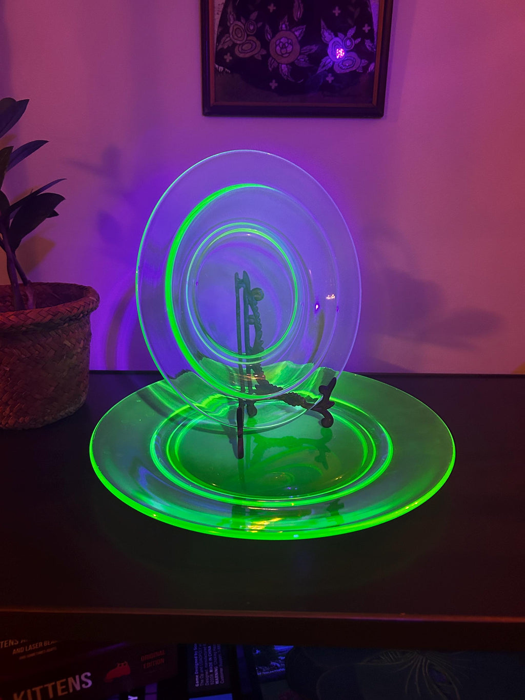 Vintage Uranium Green Heavy Pressed Glass Two-piece Dining Set