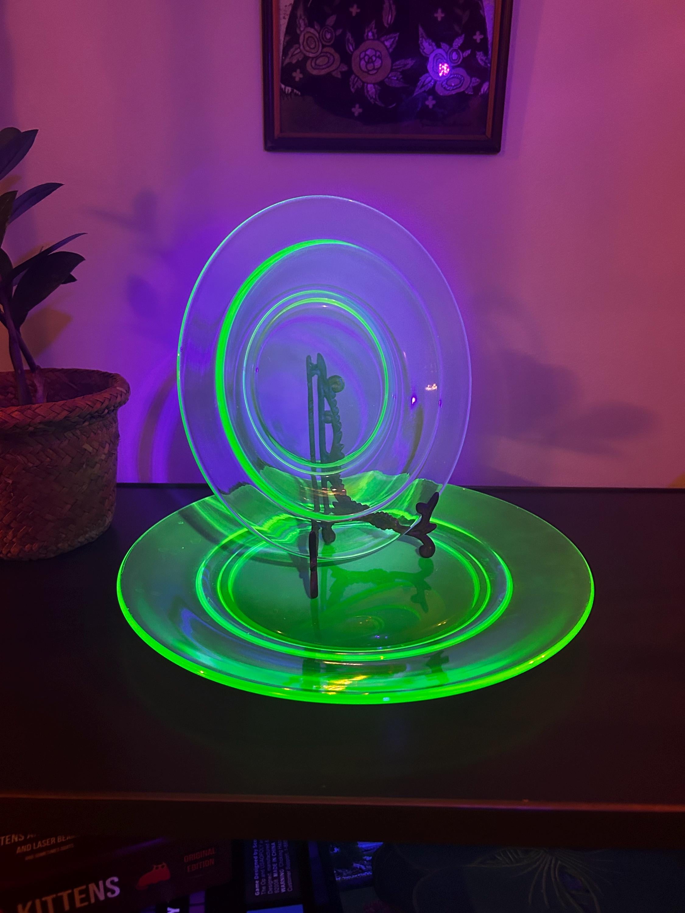 Vintage Uranium Green Heavy Pressed Glass Two-piece Dining Set