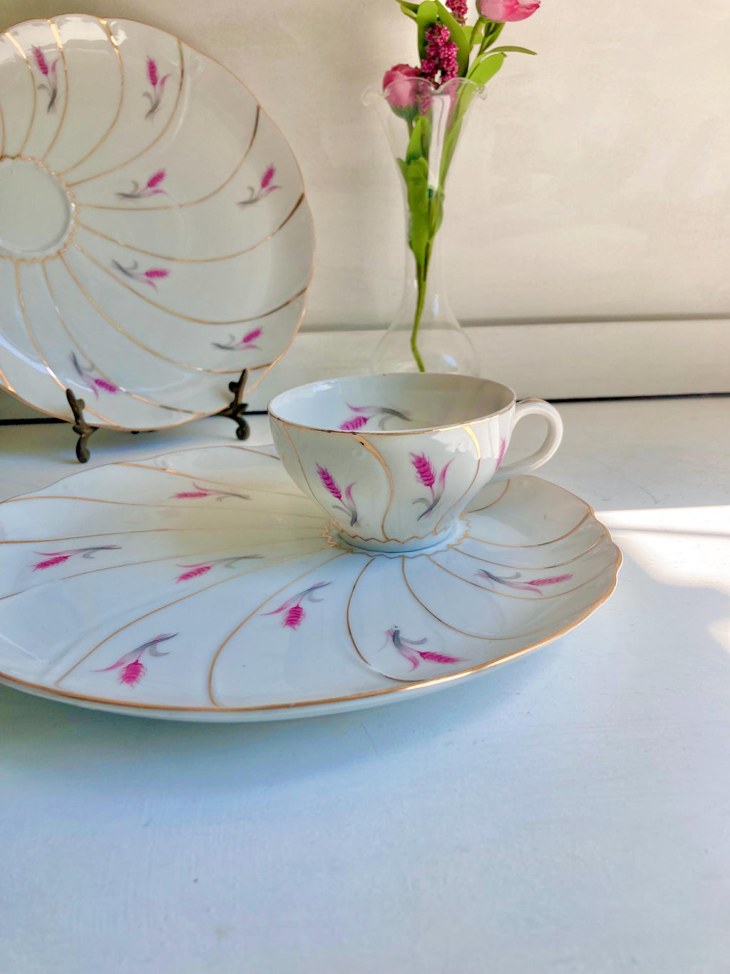 Vintage Yamaka Japan Porcelain Snack Set: Pink Wheat & Gold