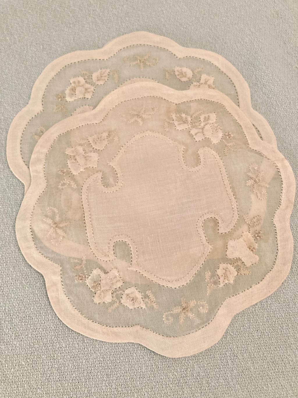 Vintage Madeira Linen Cocktail Rounds: Ecru Floral Applique, Set of 2