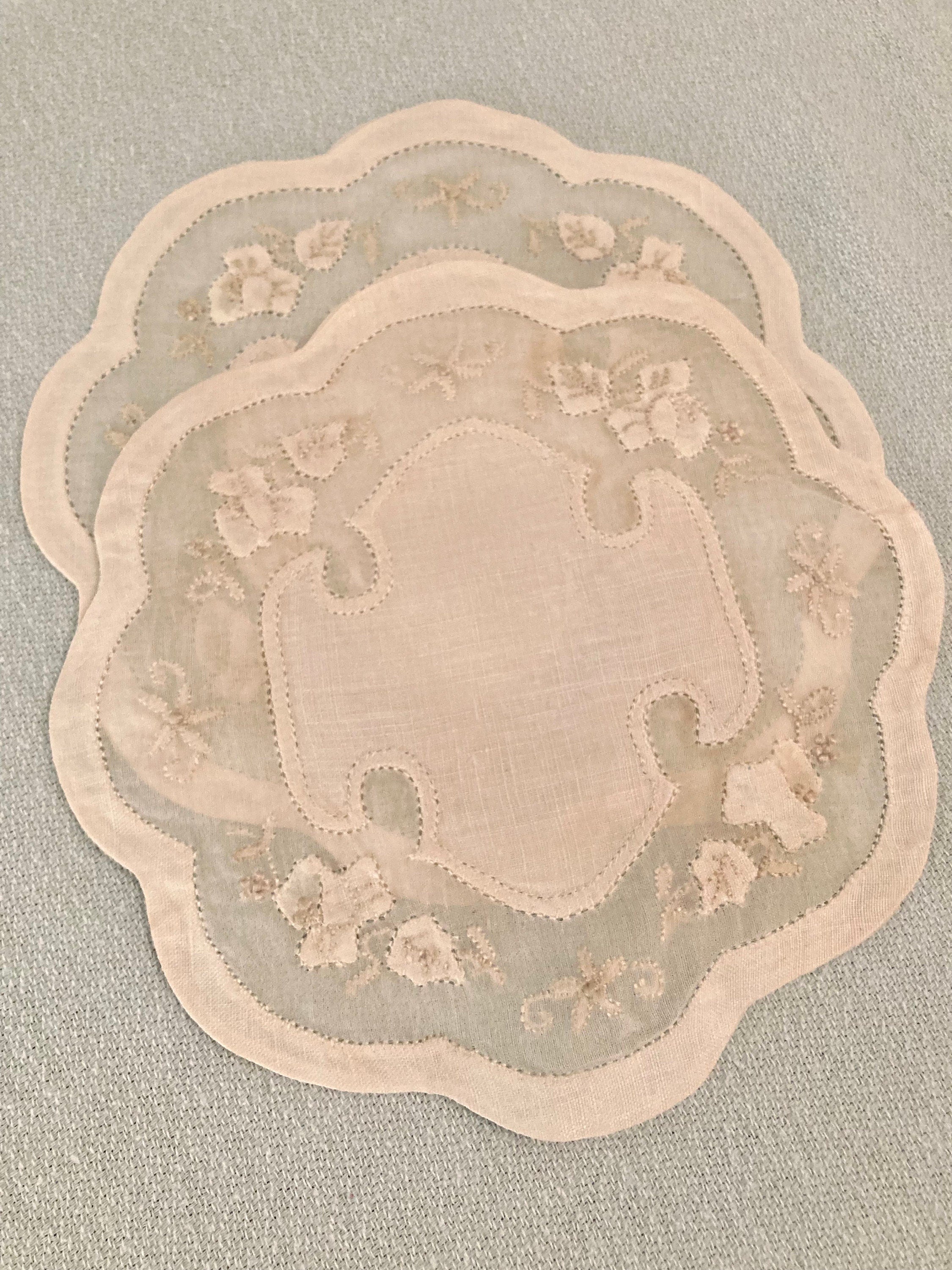 Vintage Madeira Linen Cocktail Rounds: Ecru Floral Applique, Set of 2