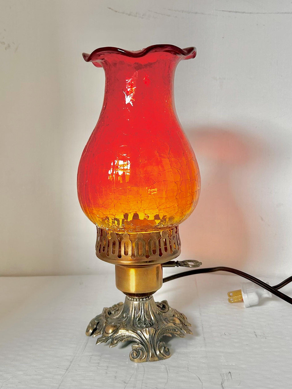 Vintage Amberina Crackle Glass Hurricane Lamp: Brass Base, Ruffled Shade