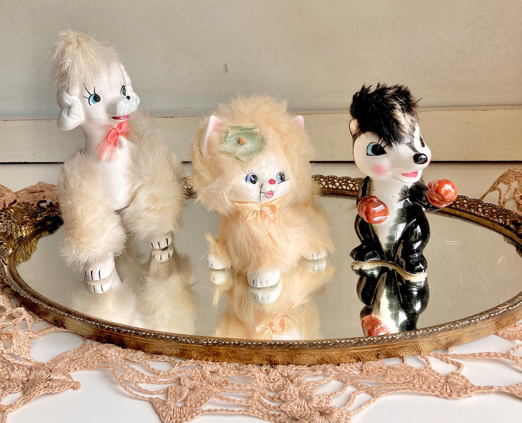 Midcentury Anthropomorphic Ceramic Dog, Cat, Skunk - Hand painted, applied Fur - Japan - Choose from 3