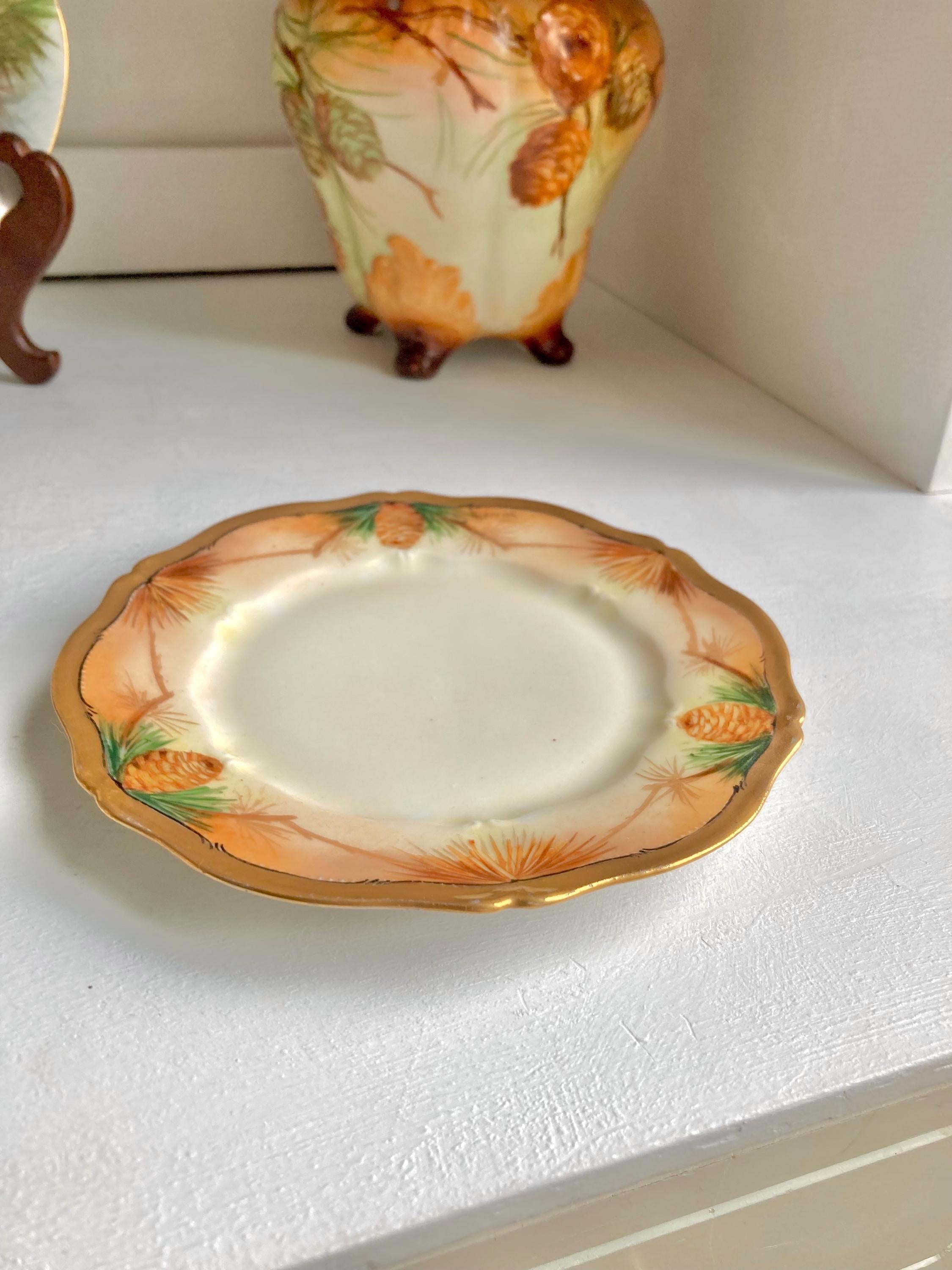 Antique Limoges Bread Plate – Hand-Painted Pine Cone Motif, Gold Rim