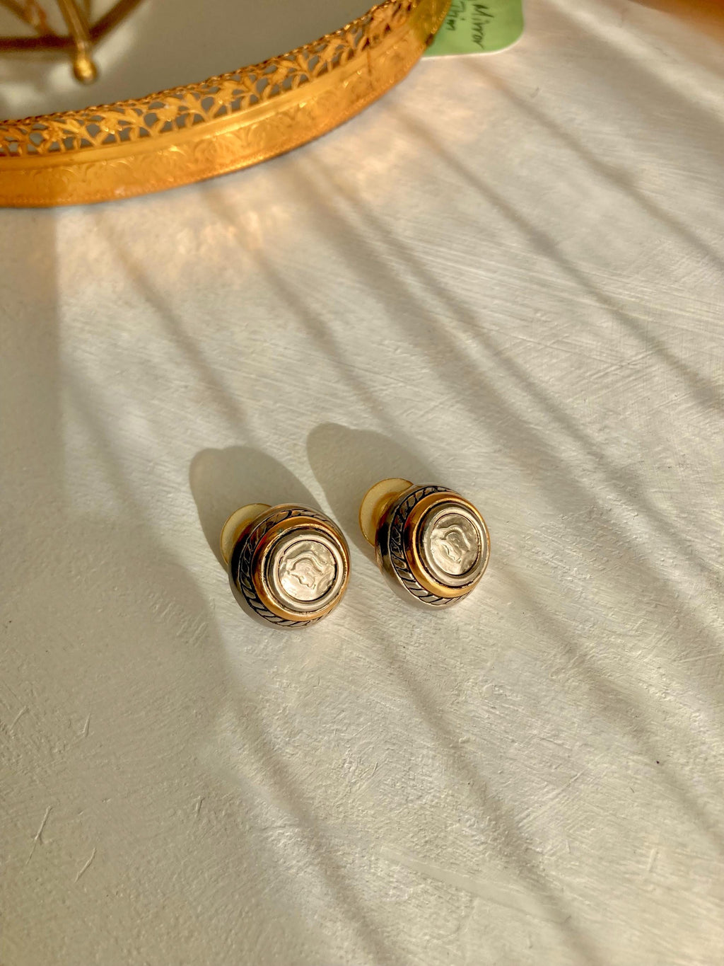 Vintage Roman-Coin-Button Gold and Silver Tone Blend Earrings for Pierced Ears