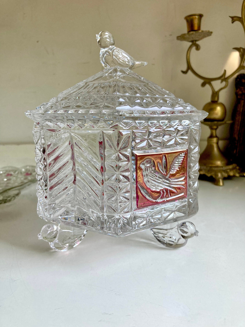 Hofbauer Red Flashed Byrde Crystal Collection Lidded Candy Dish with Bird Feet and Handle