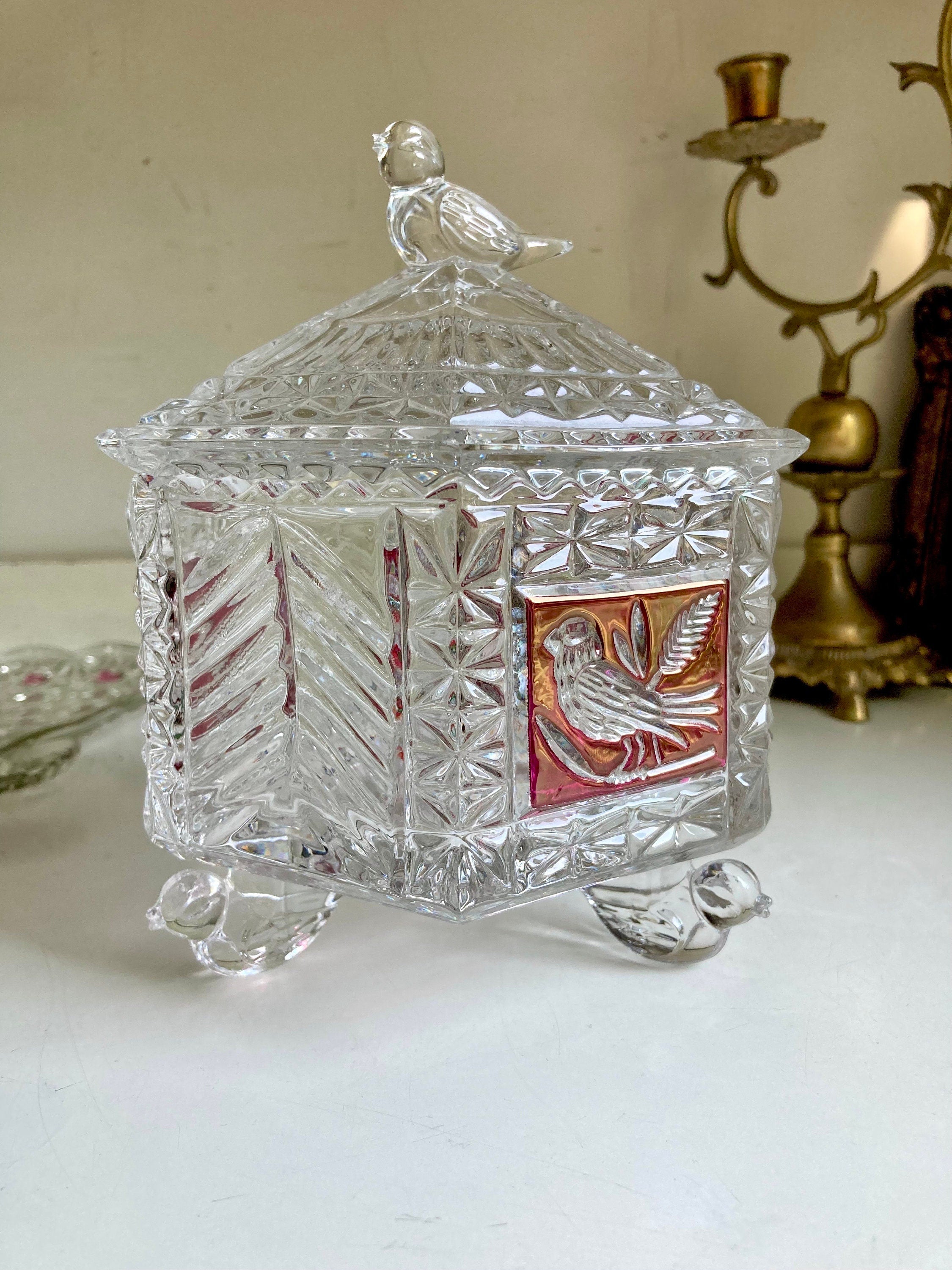 Hofbauer Red Flashed Byrde Crystal Collection Lidded Candy Dish with Bird Feet and Handle
