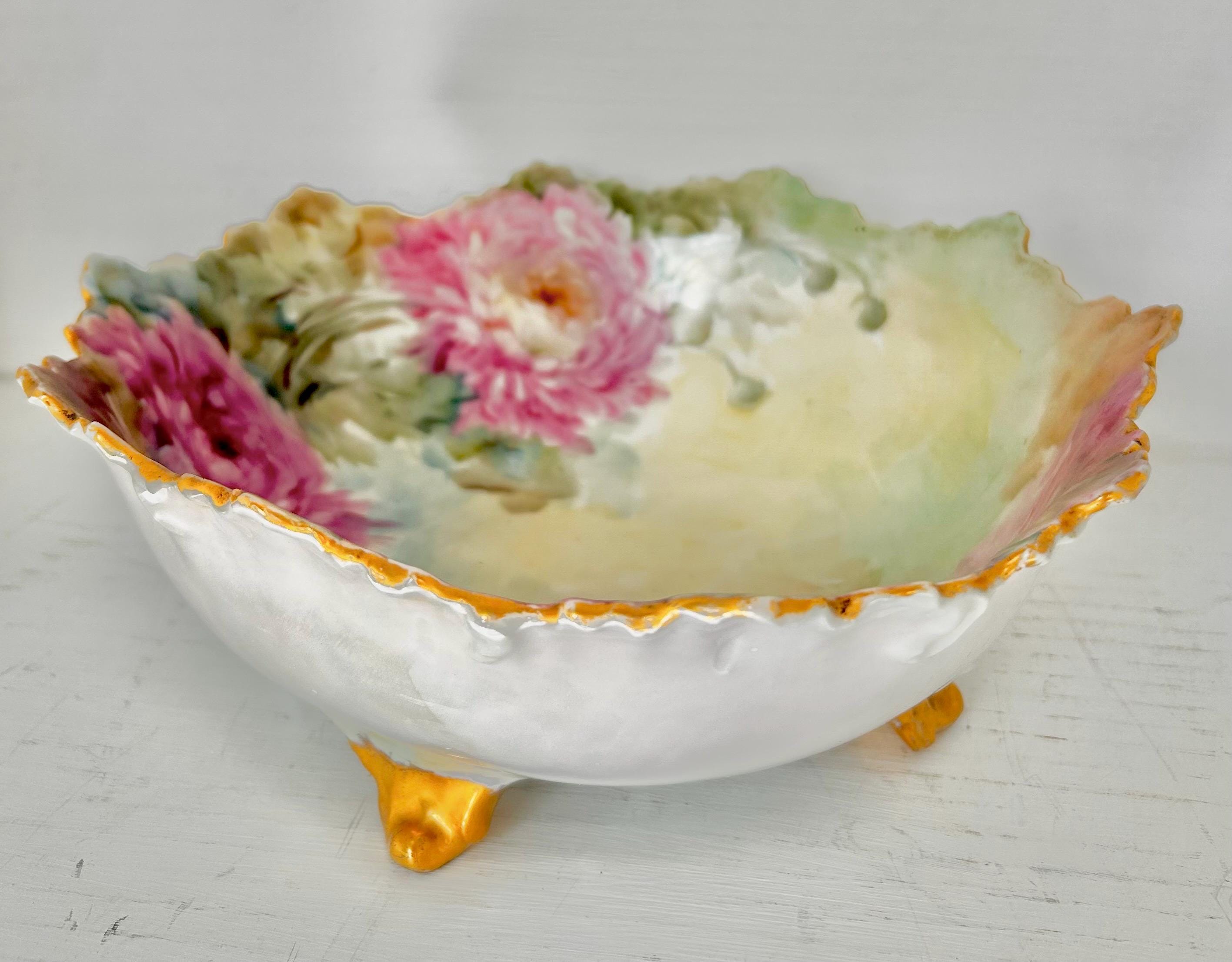 Vintage Porcelain Bowl Handpainted with Chrysanthemums, Limoges France