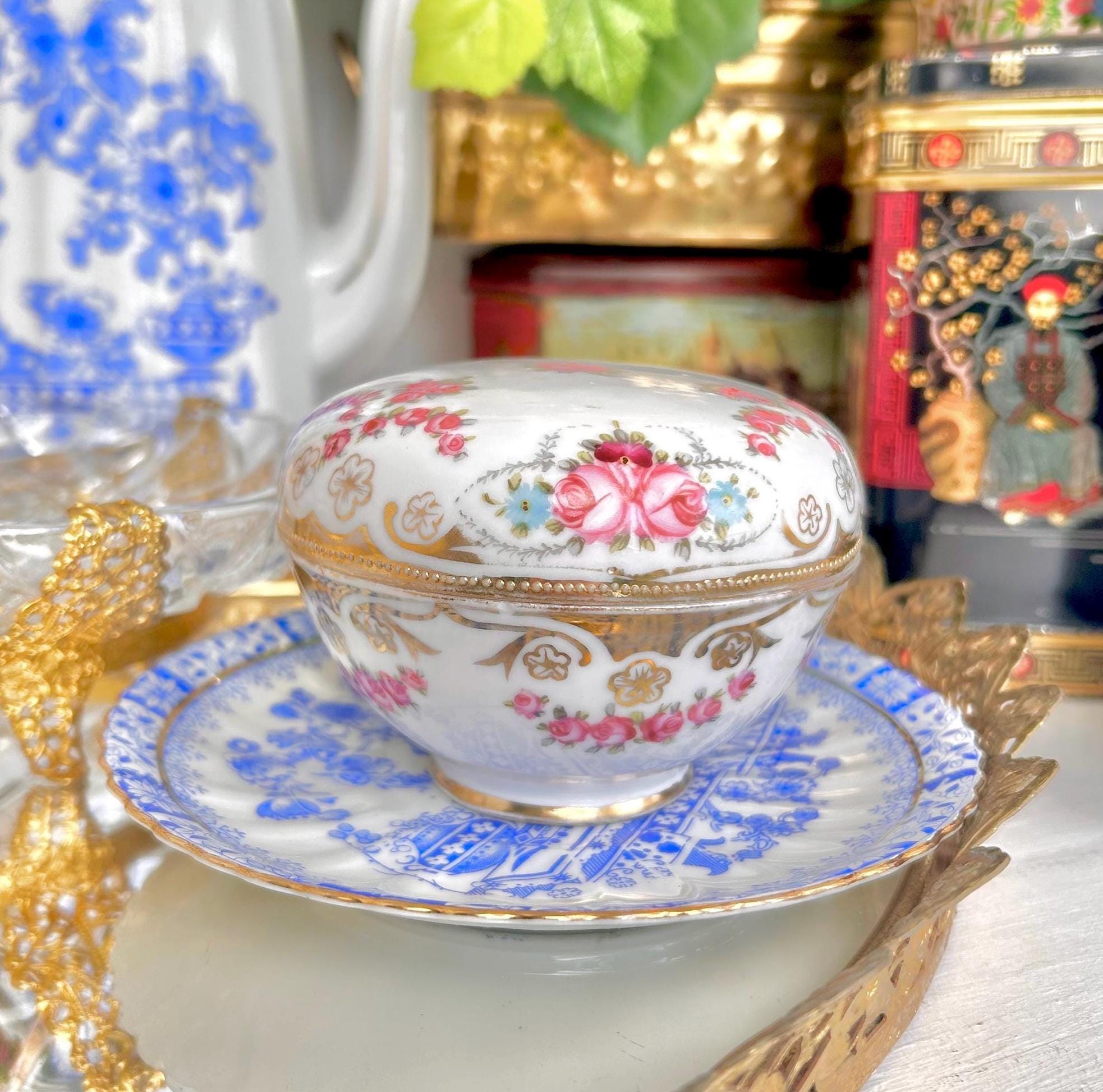 Vintage Noritake Small Porcelain Lidded Trinket Dish with Gold Trim, Pink Floral Garland