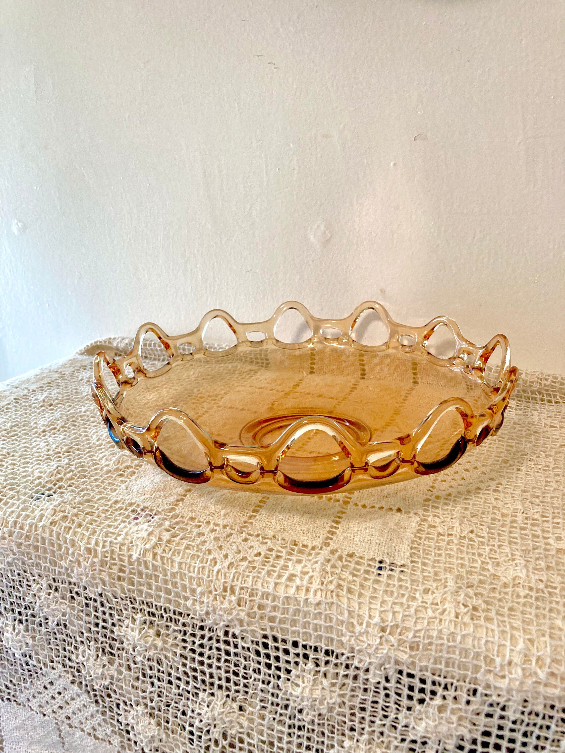 Fostoria Amber Glass 11" Console Bowl - Open Lace Edge Pattern #2320 - circa 1930