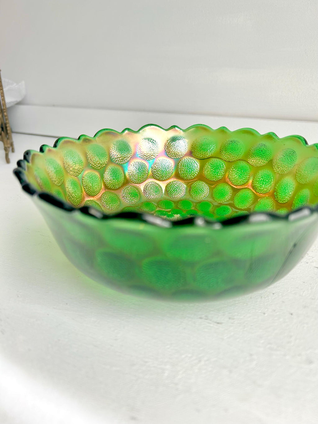 Vintage Fenton Emerald Carnival Glass Bowl: Coin Dot Pattern, Sawtooth Rim