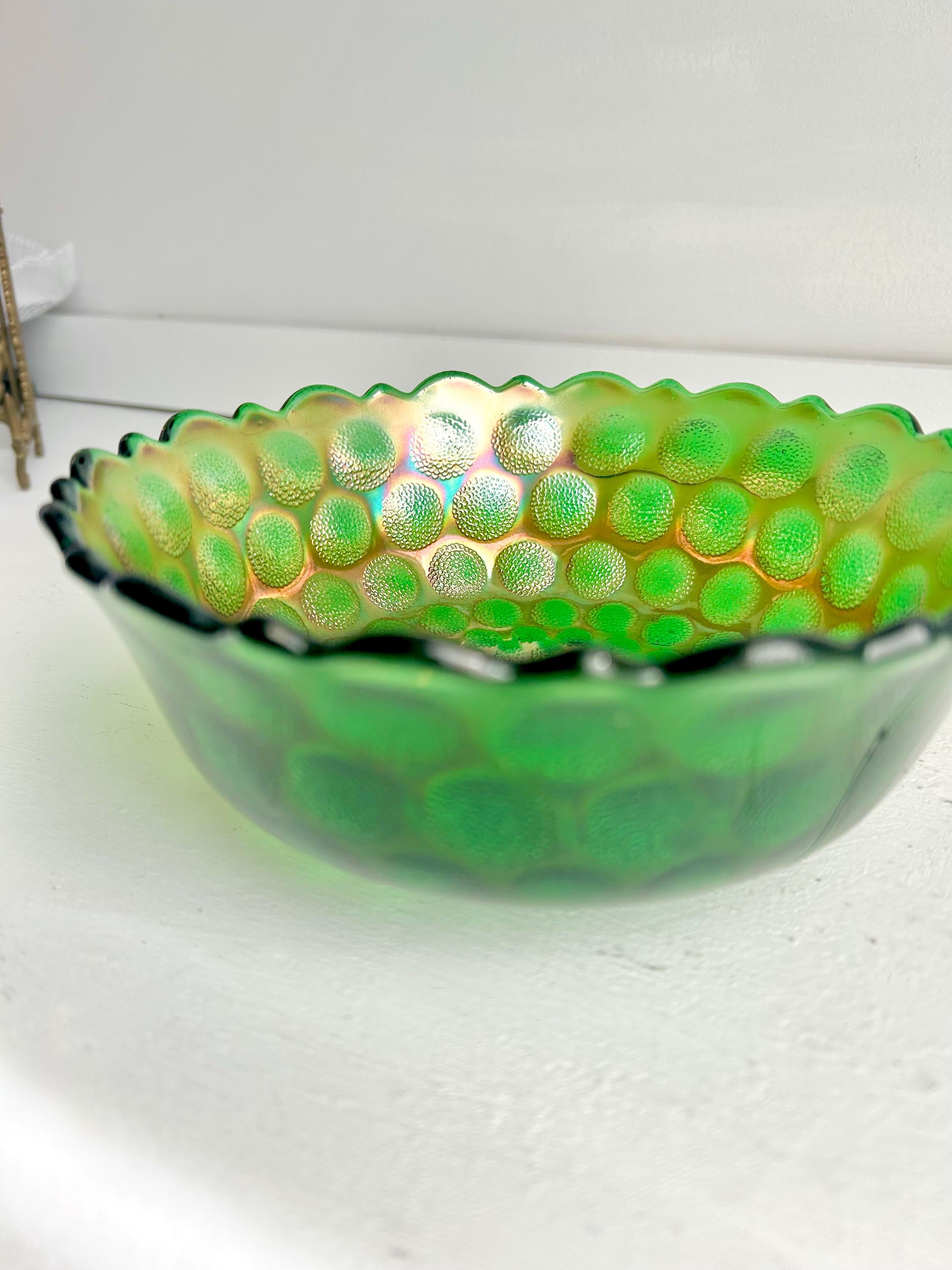 Vintage Fenton Emerald Carnival Glass Bowl: Coin Dot Pattern, Sawtooth Rim