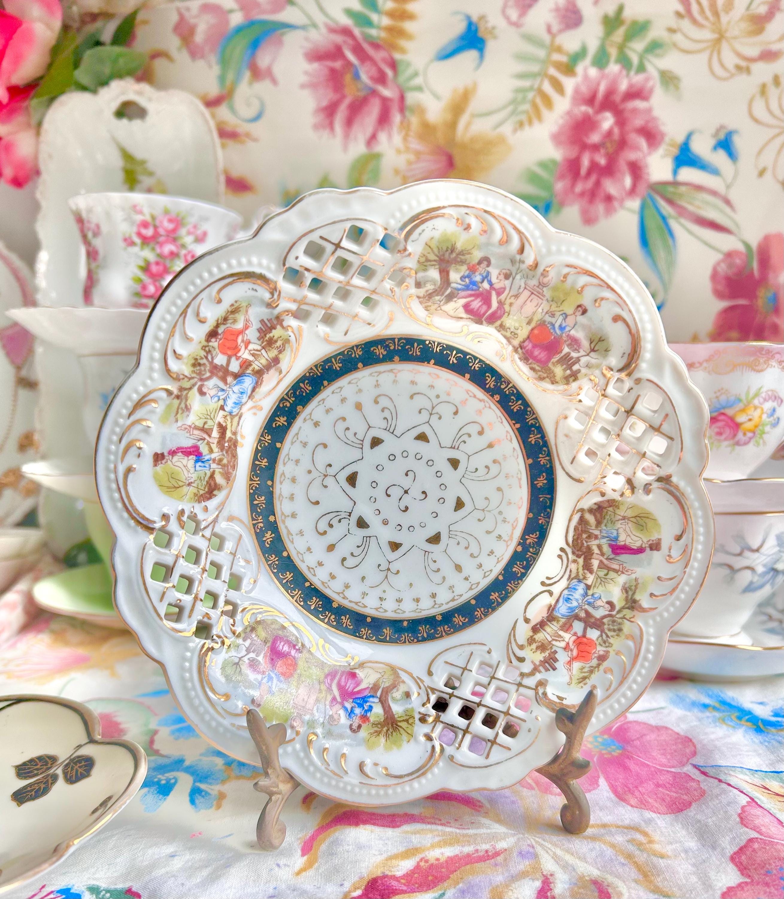 Vintage Perforated Bowl: Victorian Leisure Scenes, Gold Trim, Scalloped Rim