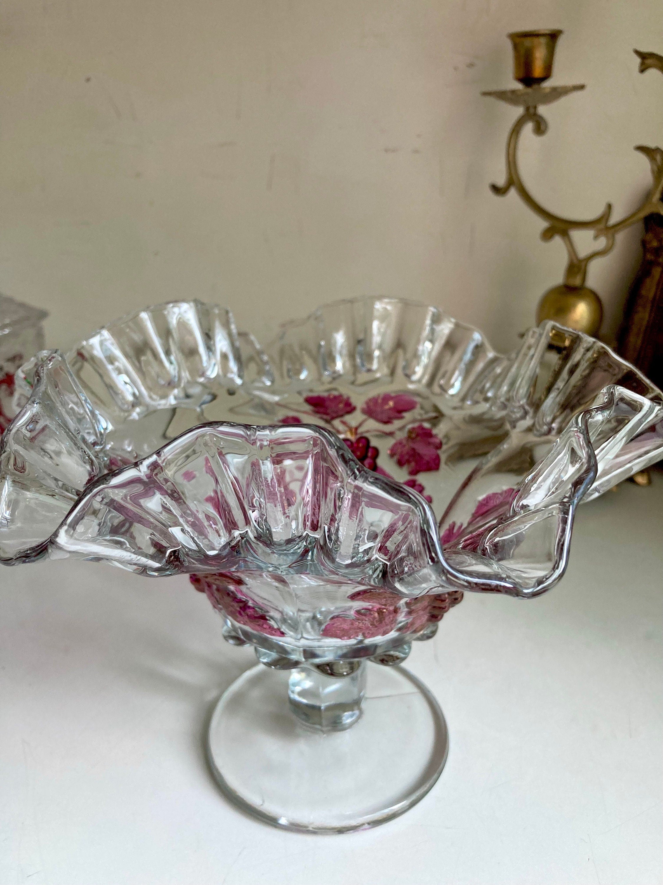 Vintage Westmoreland Crimped Edge Clear Glass Paneled Compote with Ruby Flashed Grapevines Pattern