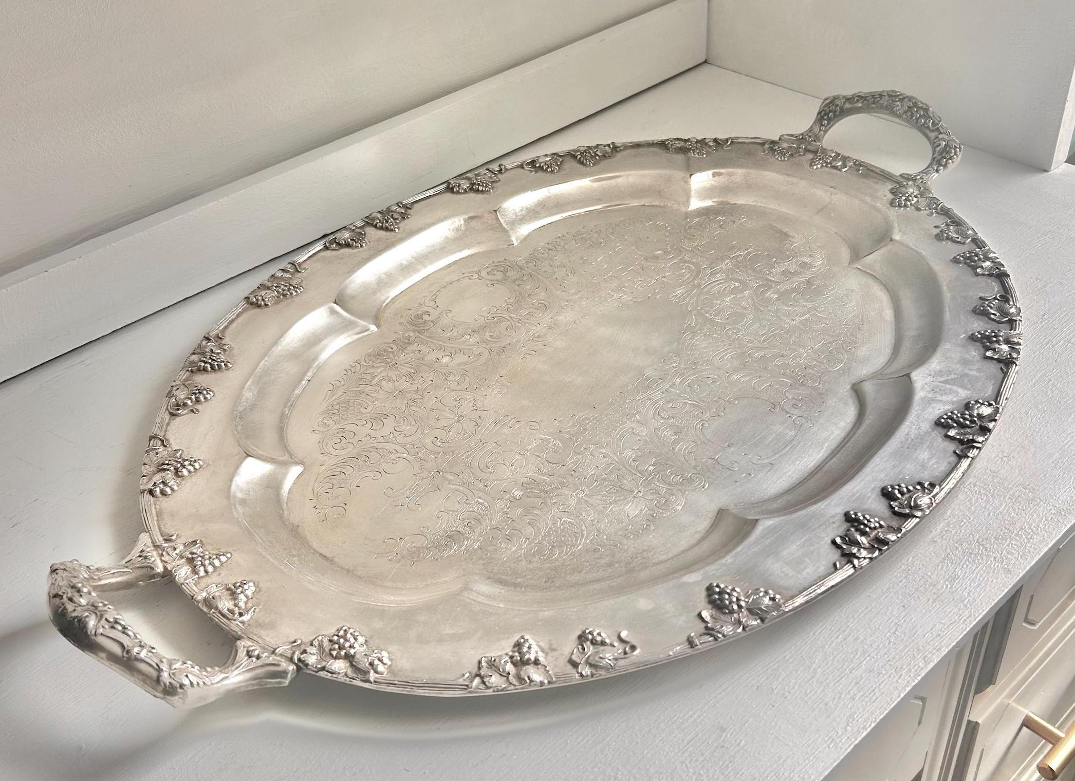 Vintage Silverplated Tray: Copper Core, Grapevine Rim, 24-inch