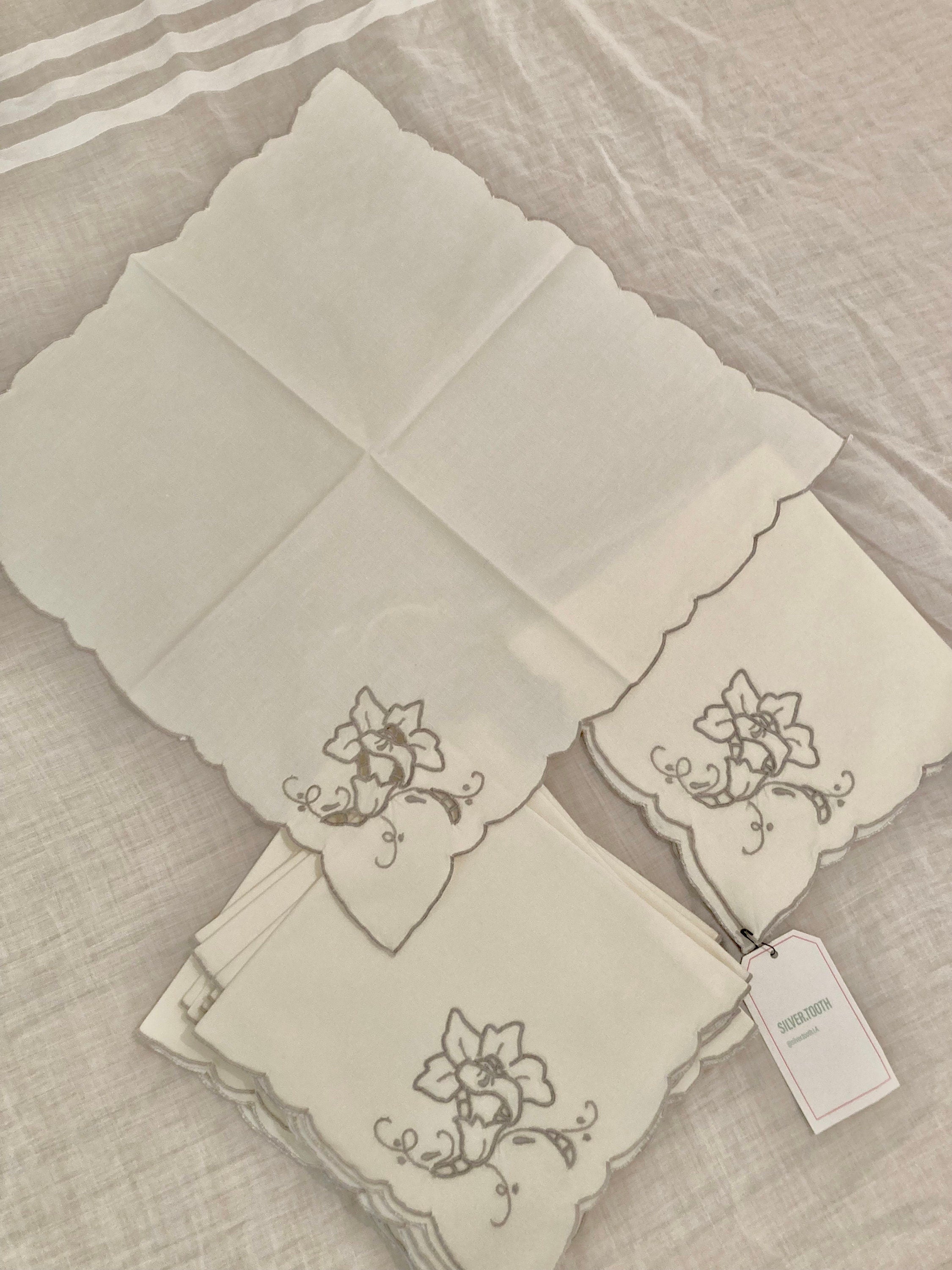 Vintage Linen Cream and Grey Trumpet Flower Dinner Napkins - Set of 8