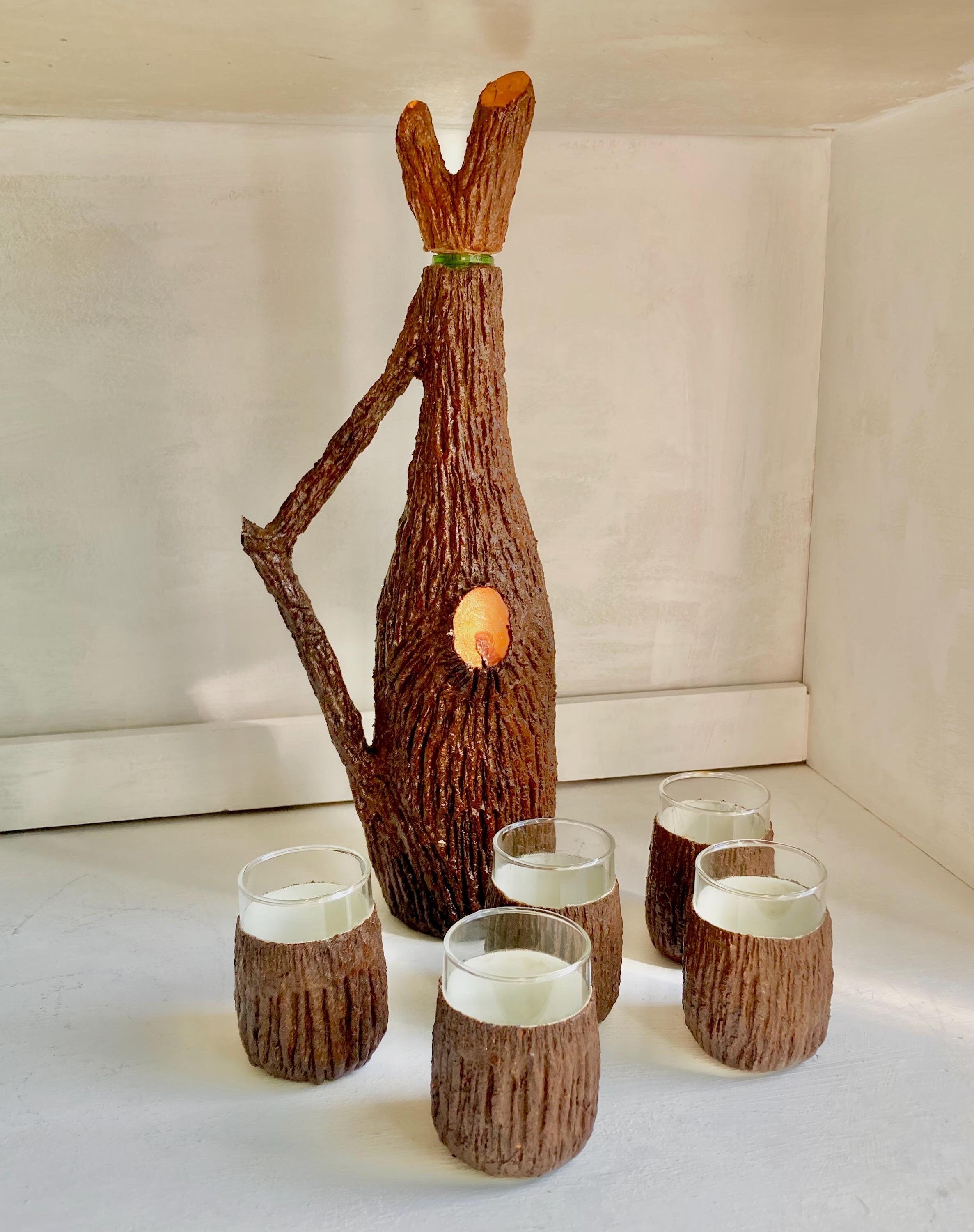 Vintage Faux Bois Decanter Set: Mid-Century Cordial Cups, Tree Bark Design