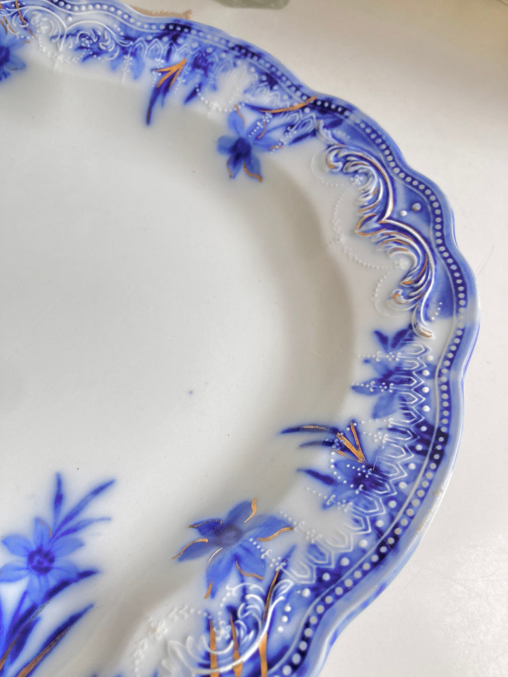 Antique Grindley Flow Blue Platter: 16" Dover Daffodil Floral