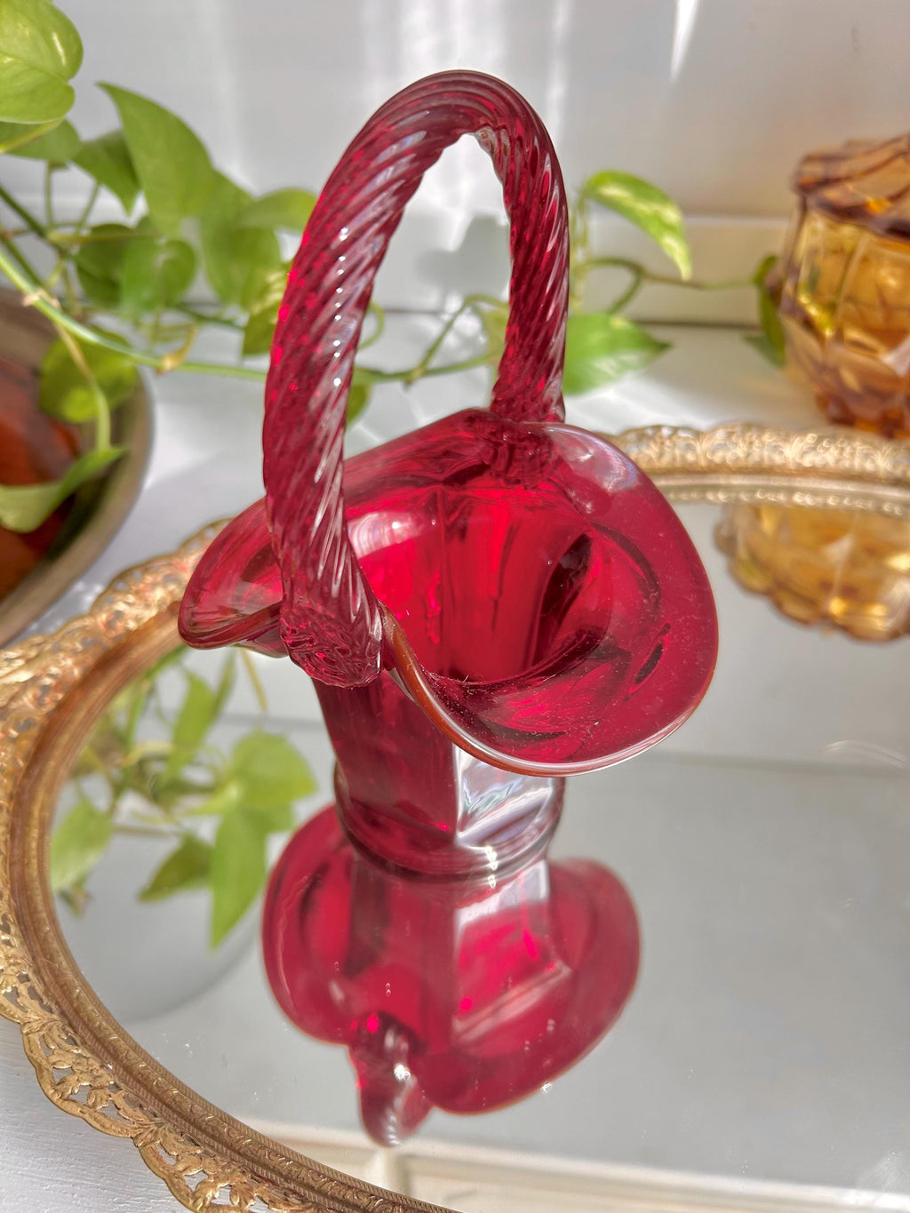 Vintage Fenton Ruby Red Glass Basket: Twisted Rope Handle, Paneled Design