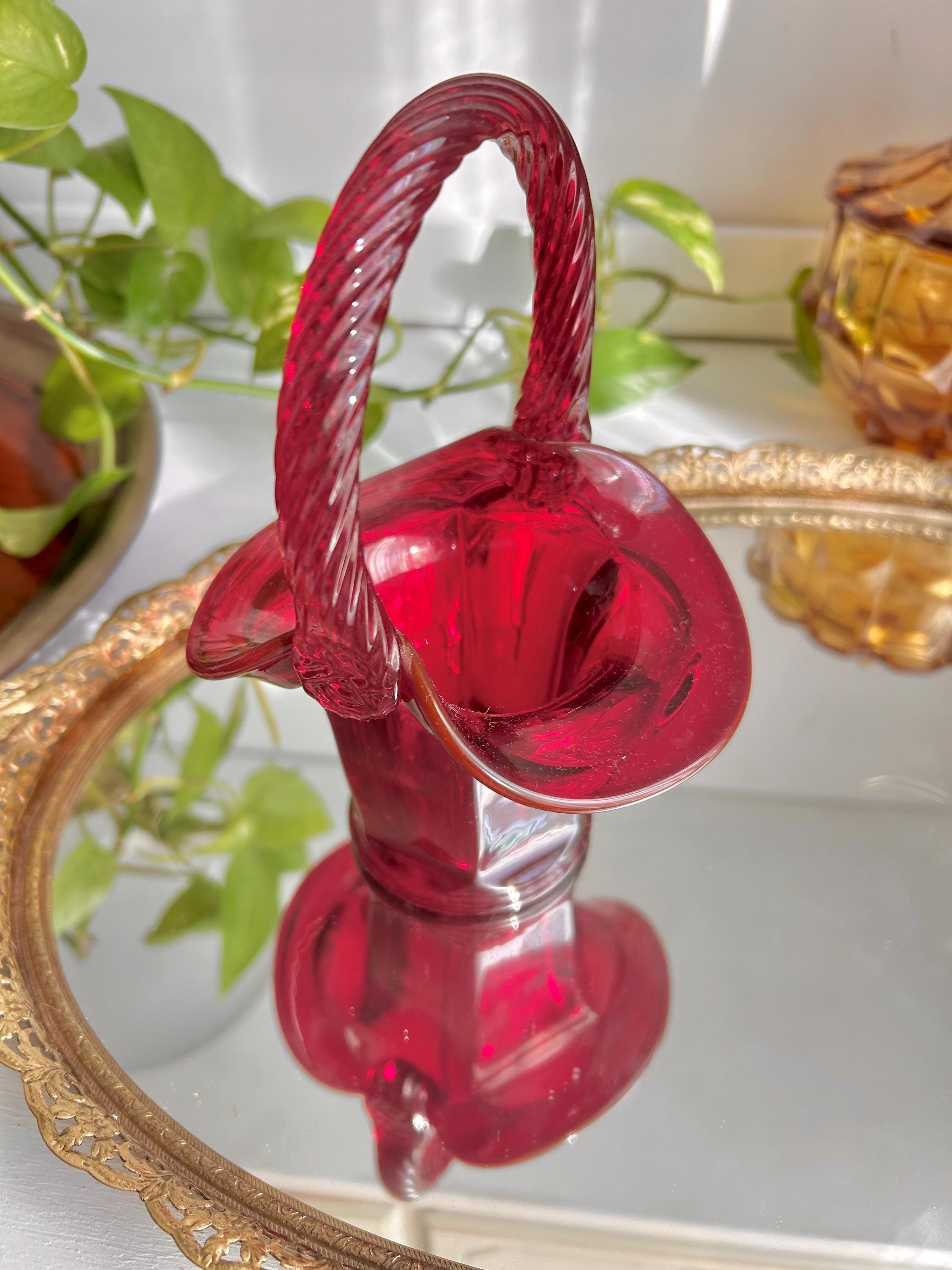 Vintage Fenton Ruby Red Glass Basket: Twisted Rope Handle, Paneled Design