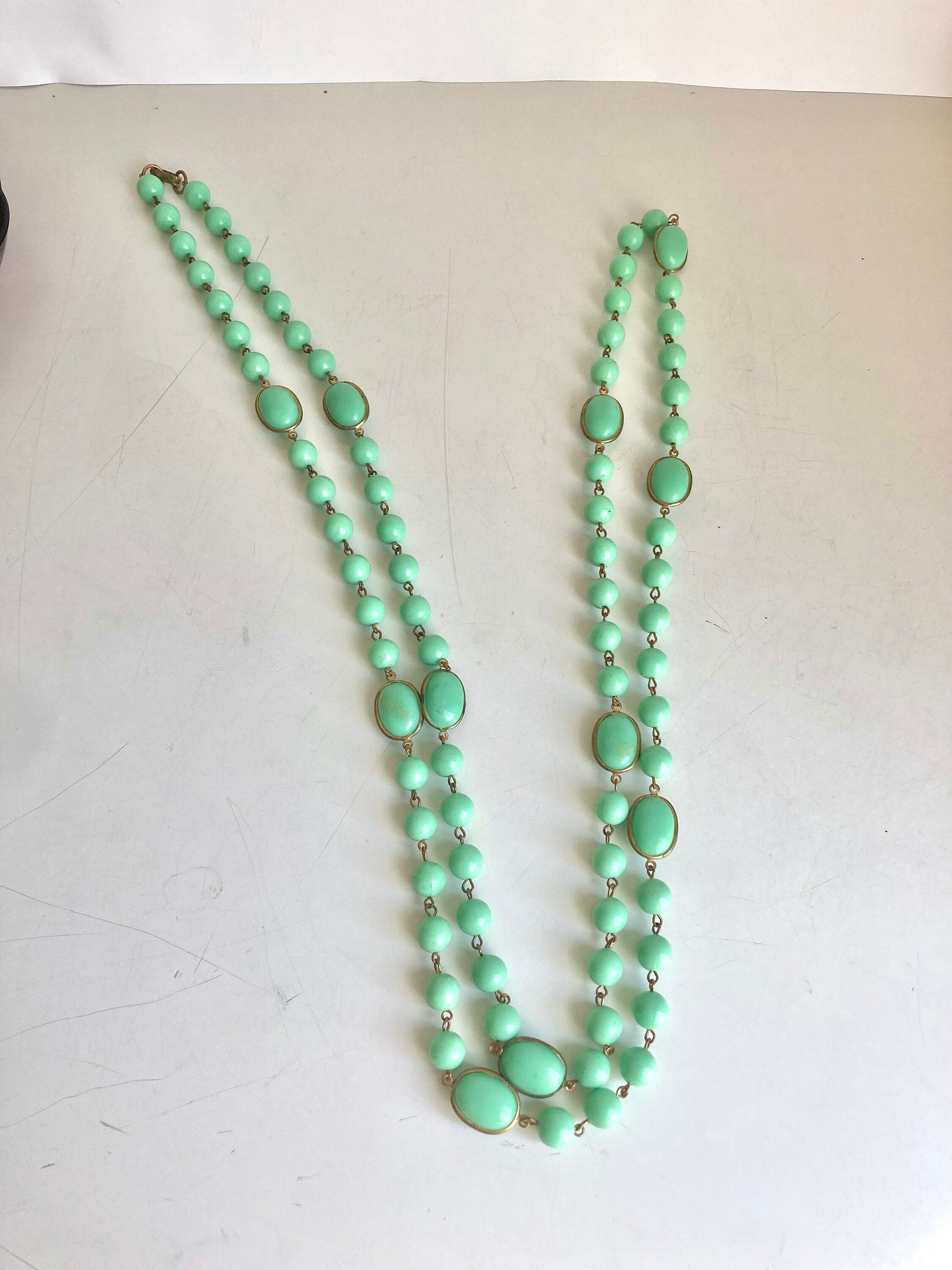 1960s Turquoise Plastic Bead Necklace: Long Costume Jewelry