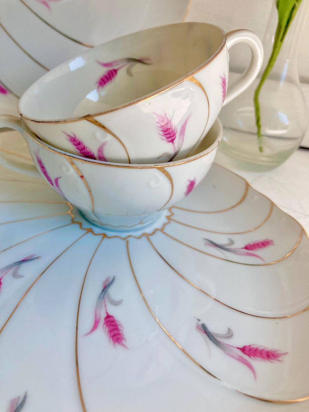 Vintage Yamaka Japan Porcelain Snack Set: Pink Wheat & Gold