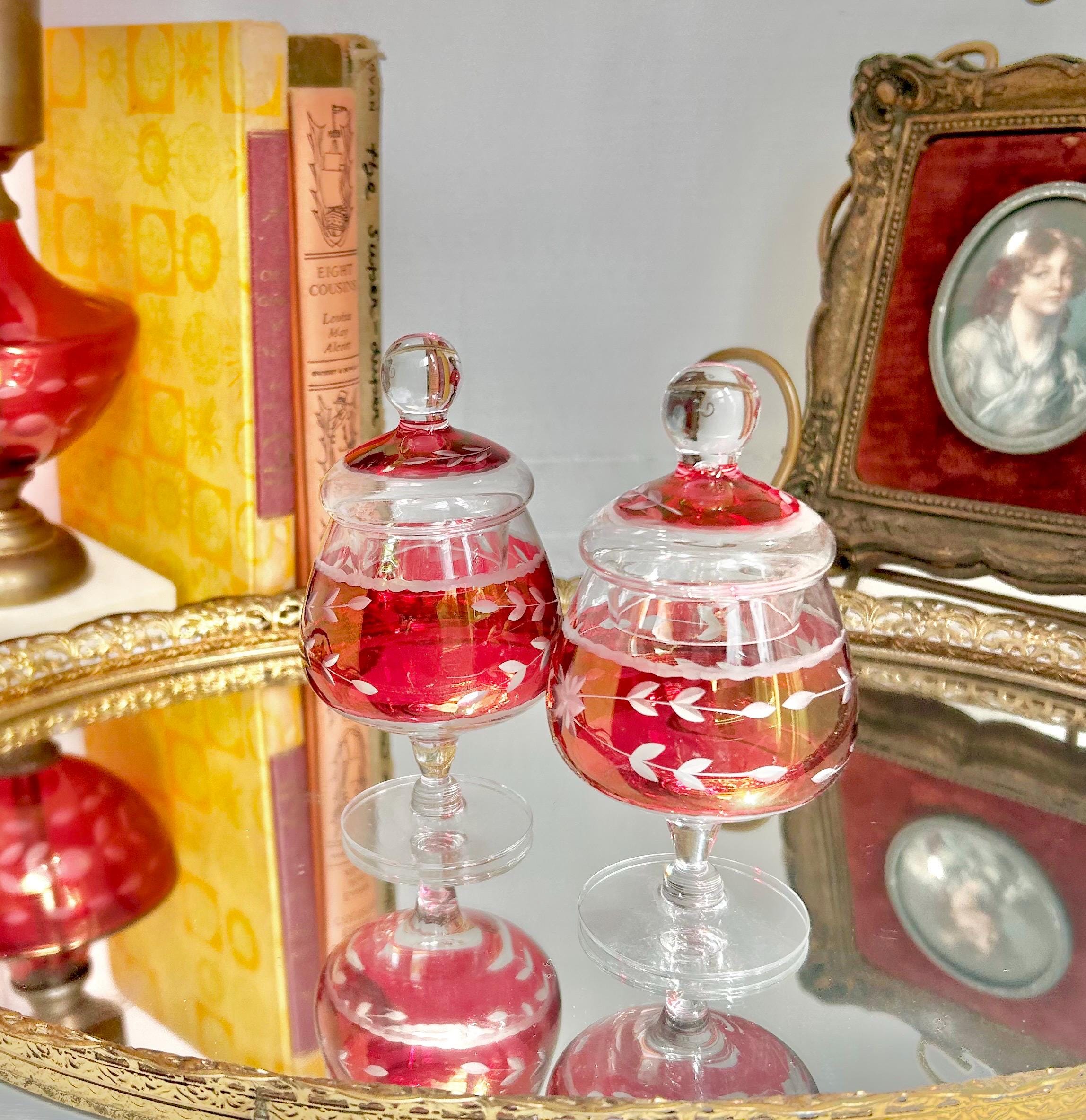Vintage Cranberry Cut-to-Clear Glass Canister: Bohemian Ruby Red Candy Jar