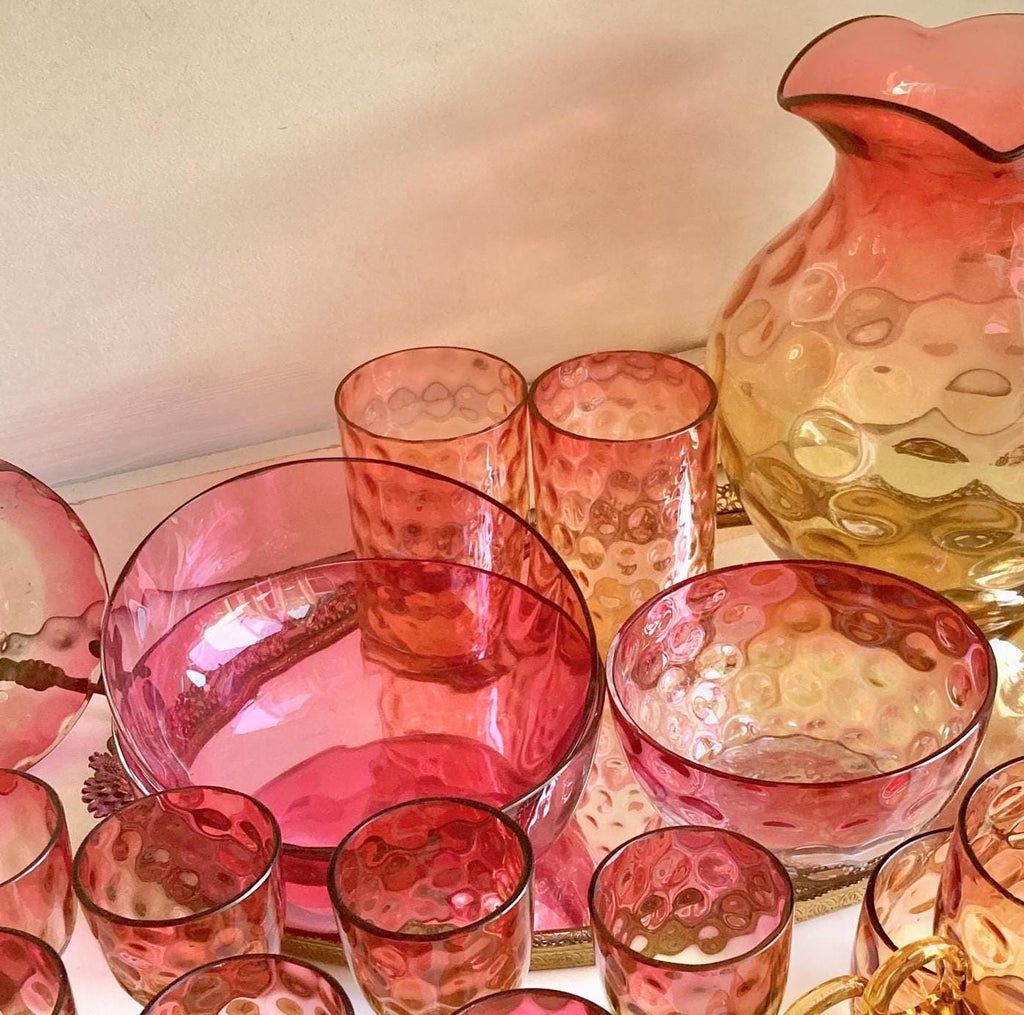 Pair of Antique Victorian Optic Blown Glass Textured Cranberry Pink Bowls - Set of 2