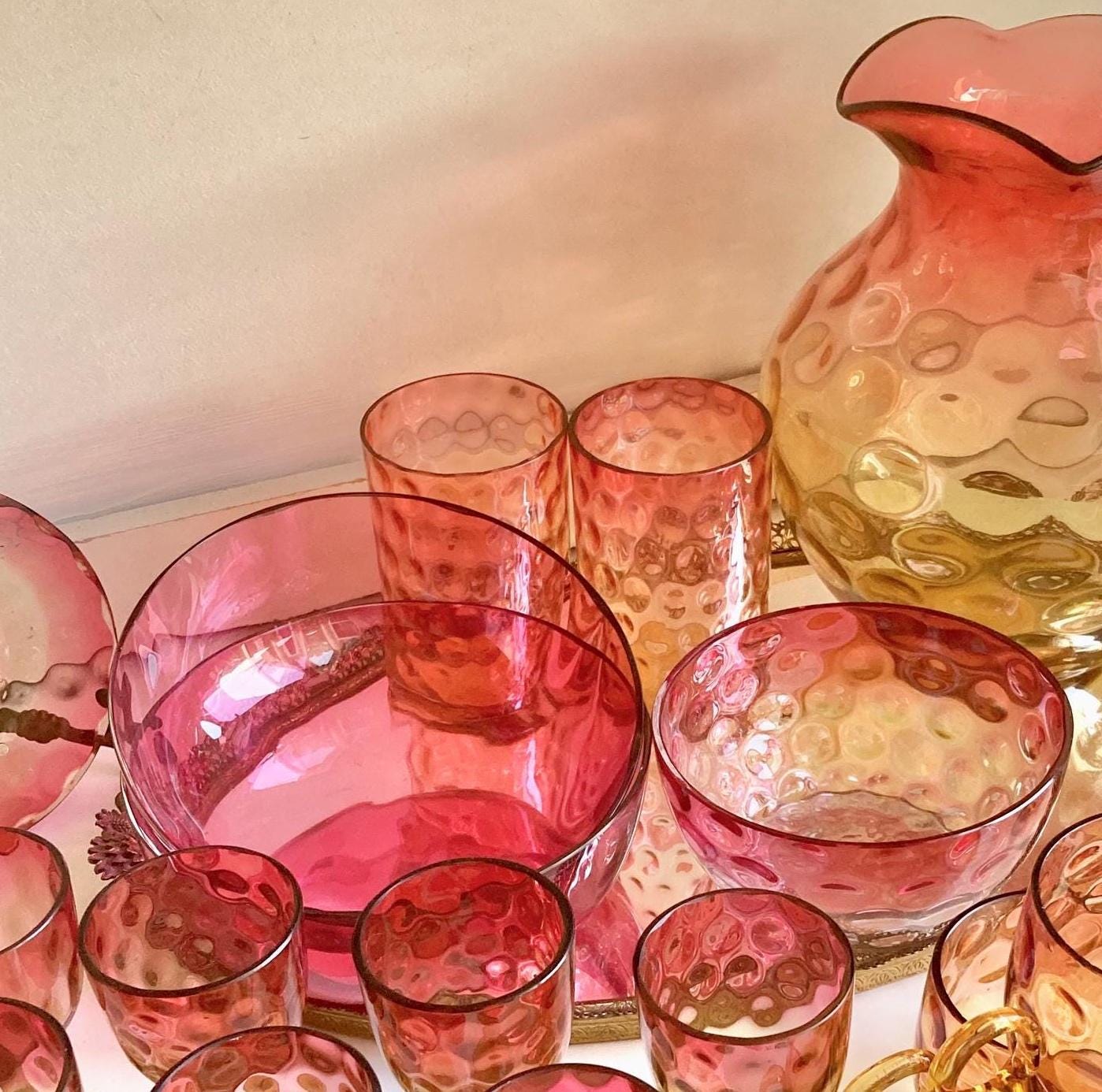 Pair of Antique Victorian Optic Blown Glass Textured Cranberry Pink Bowls - Set of 2