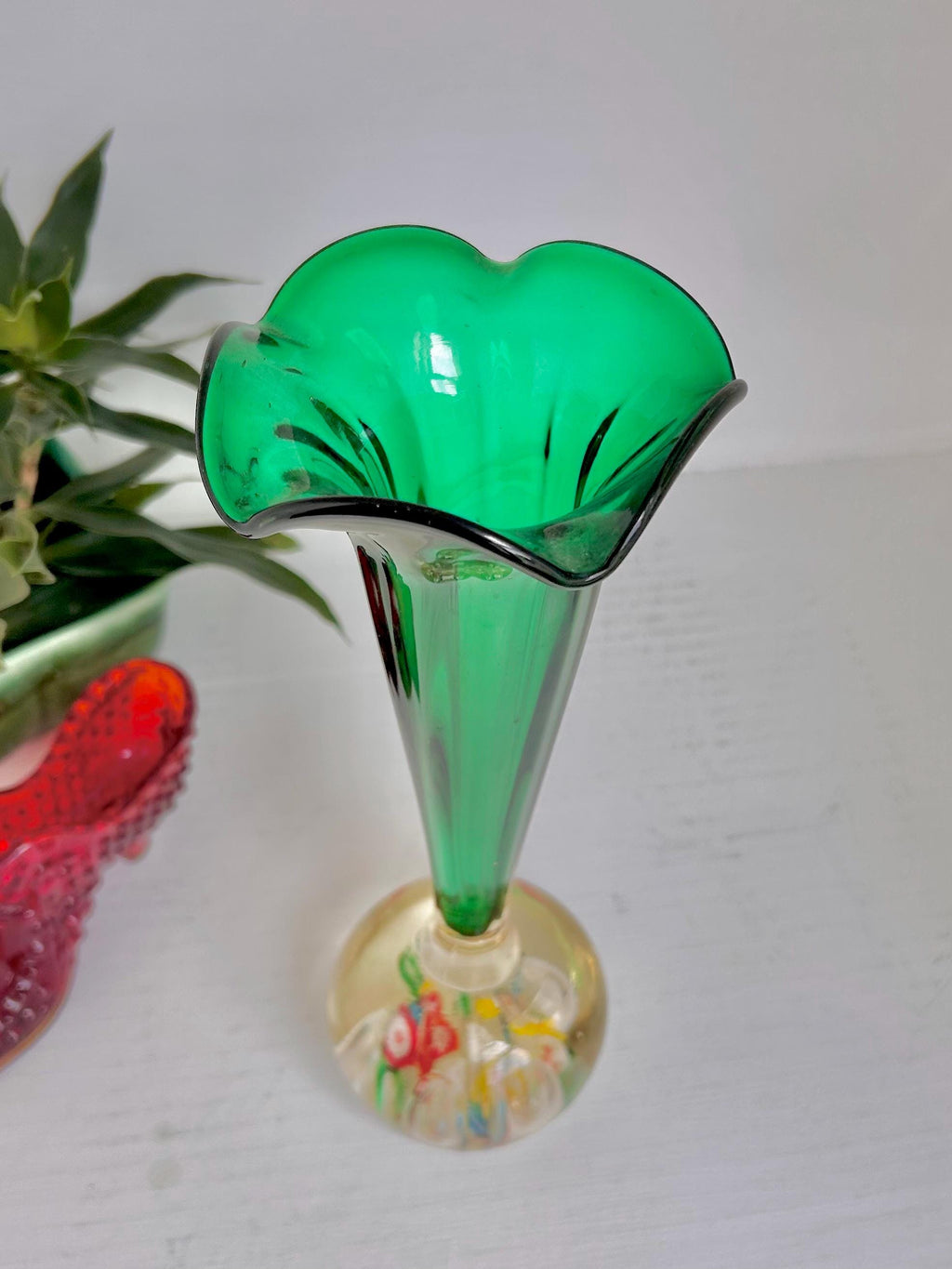 Vintage Kreis Art Glass Vase: Millefiori & Emerald Green Fluted Rim