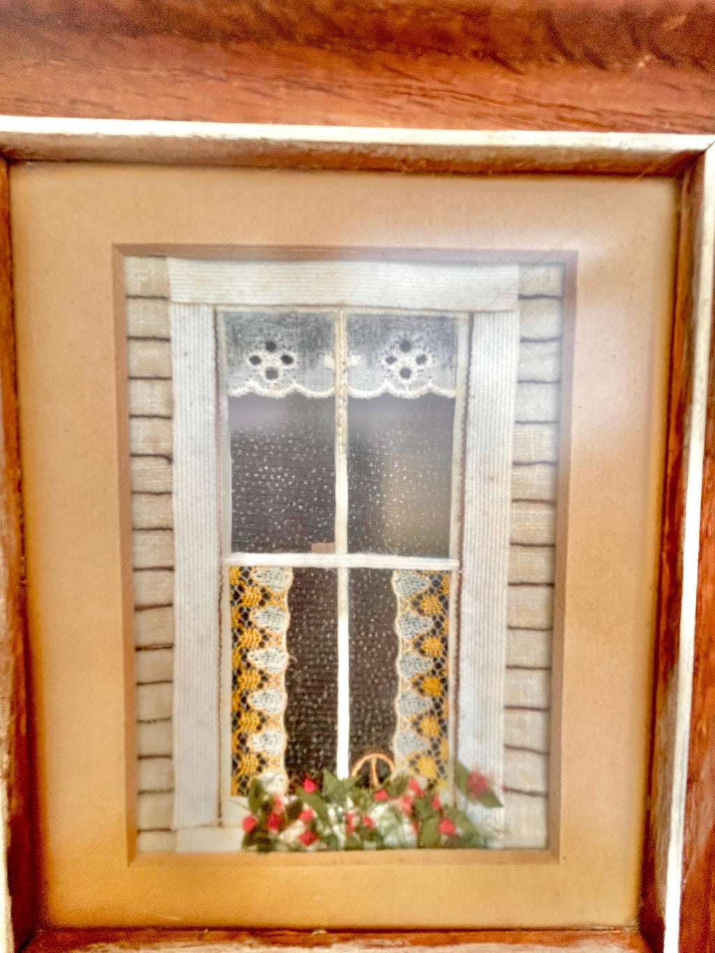 Vintage Framed Mixed Media Art: Country Cottage Window Scene, 1982