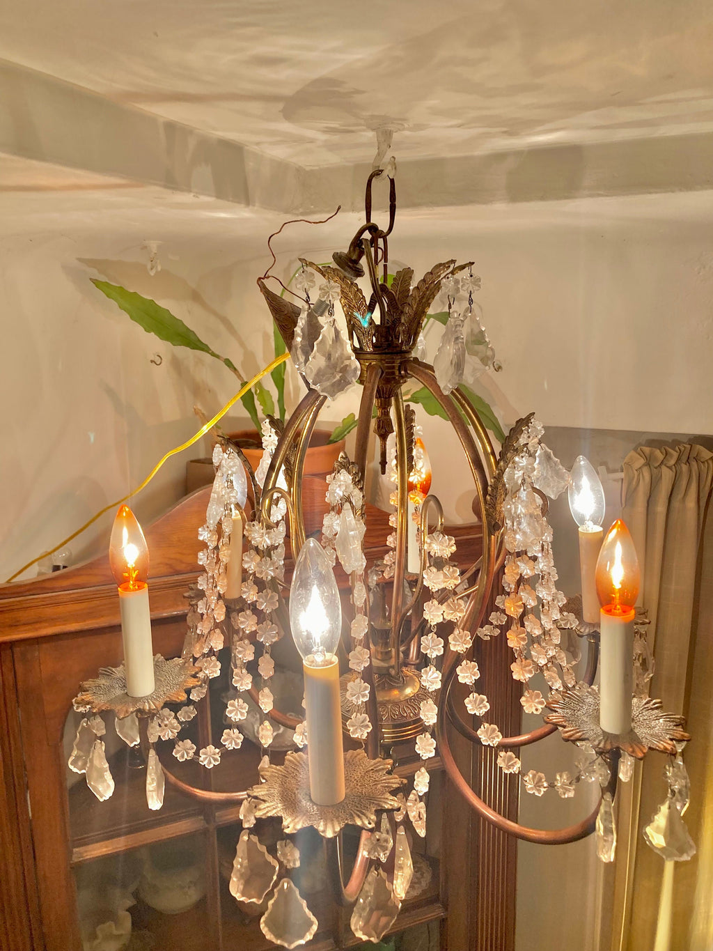 Vintage 1970s Brass and Cut Glass 6-Lamp Opulent Chandelier - Made in Spain