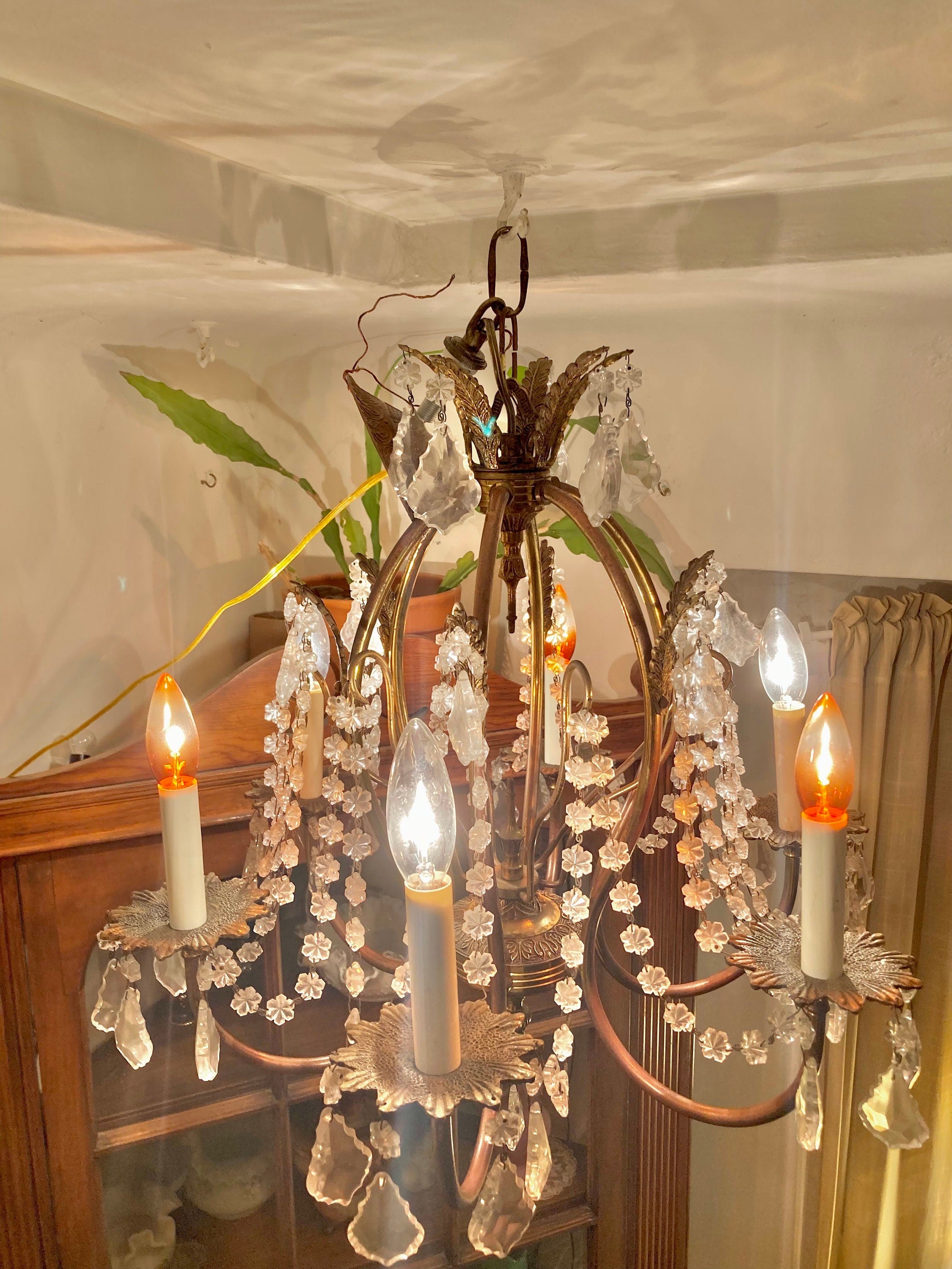 Vintage 1970s Brass and Cut Glass 6-Lamp Opulent Chandelier - Made in Spain