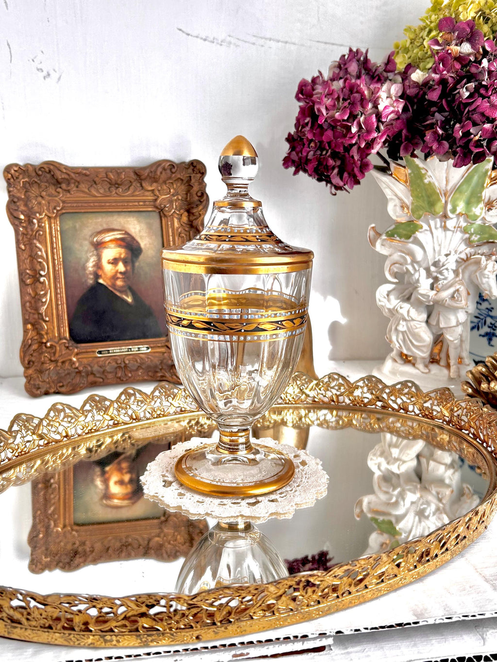 Vintage Gilt Glass Pedestal Lidded Dish