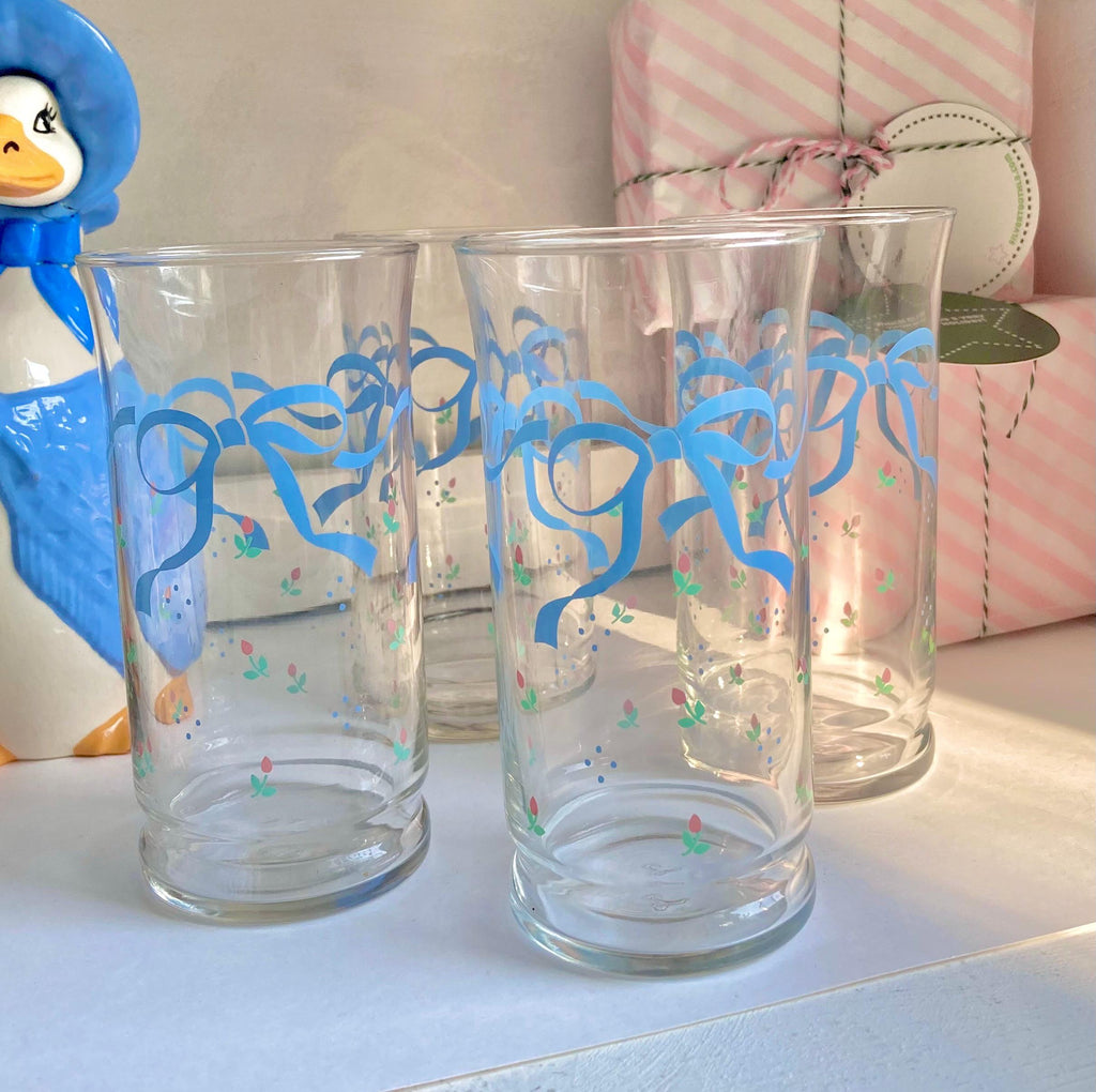 Vintage Libbey Glassware Set: Blue Ribbon & Rose Floral Glasses