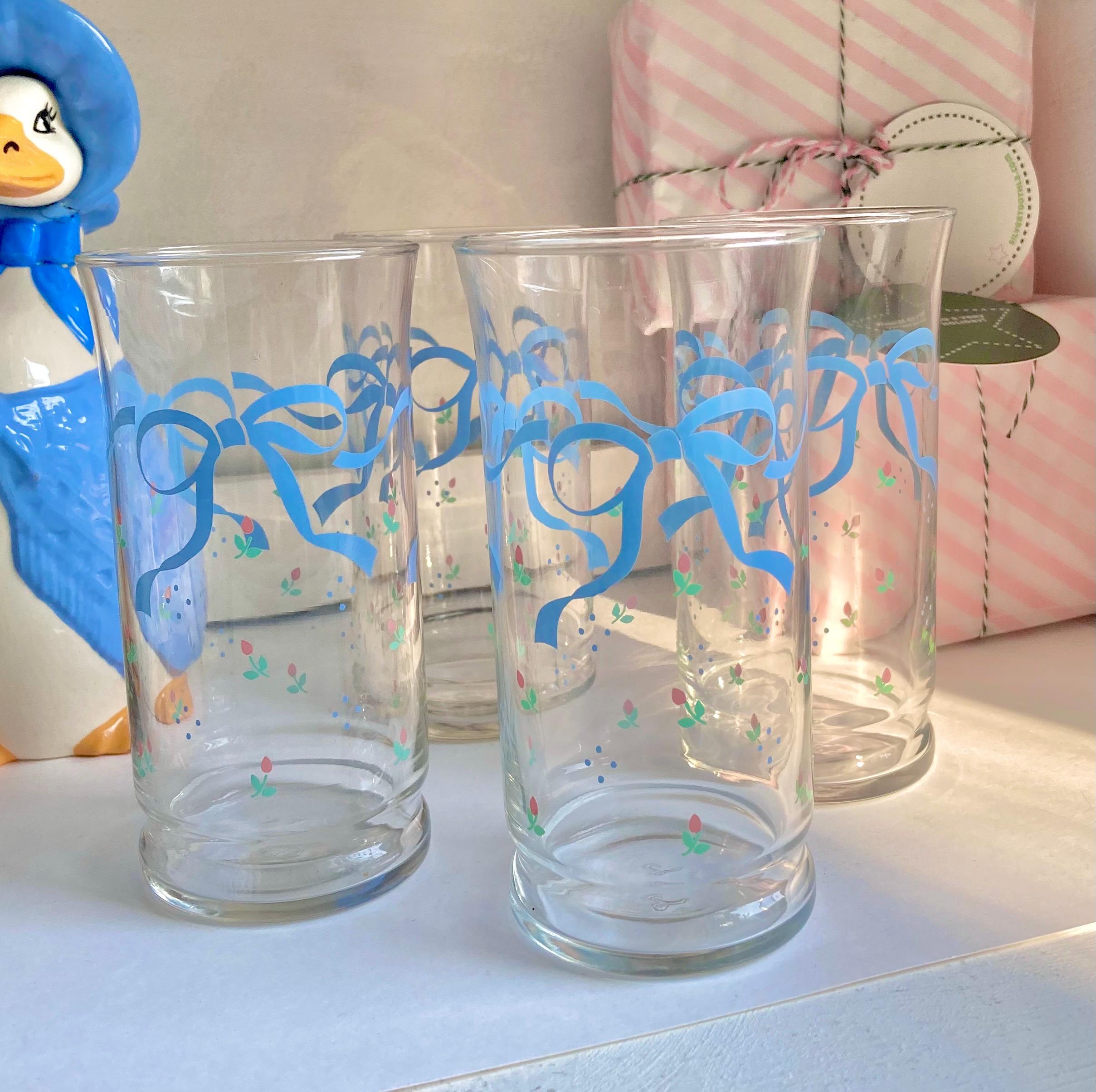 Vintage Libbey Glassware Set: Blue Ribbon & Rose Floral Glasses