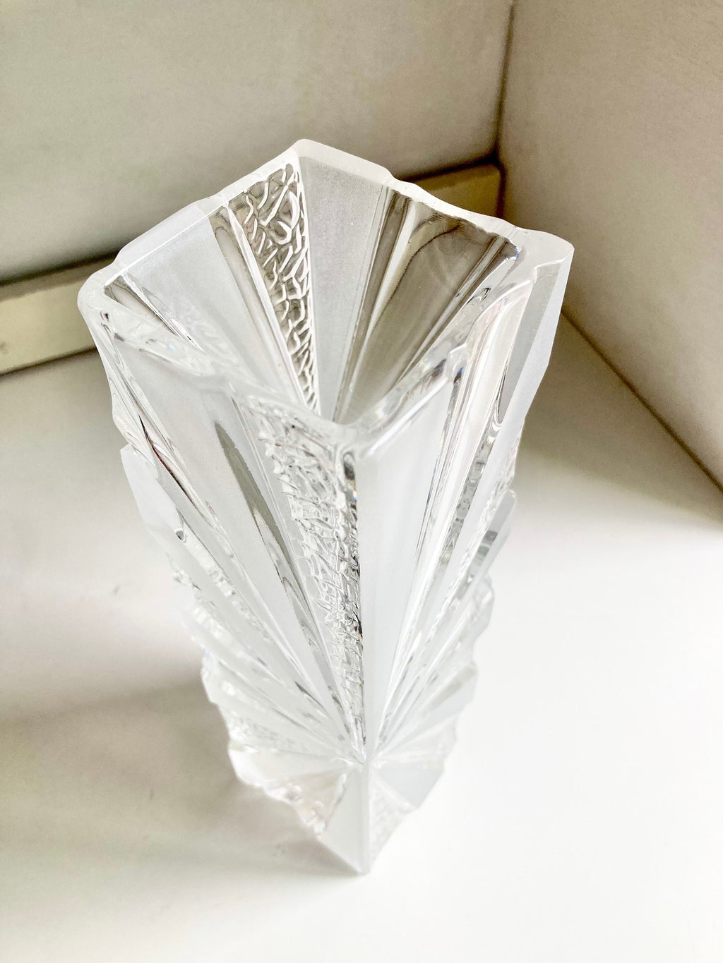 Vintage European Cut Crystal Vases: Geometric Frosted Glass Accents