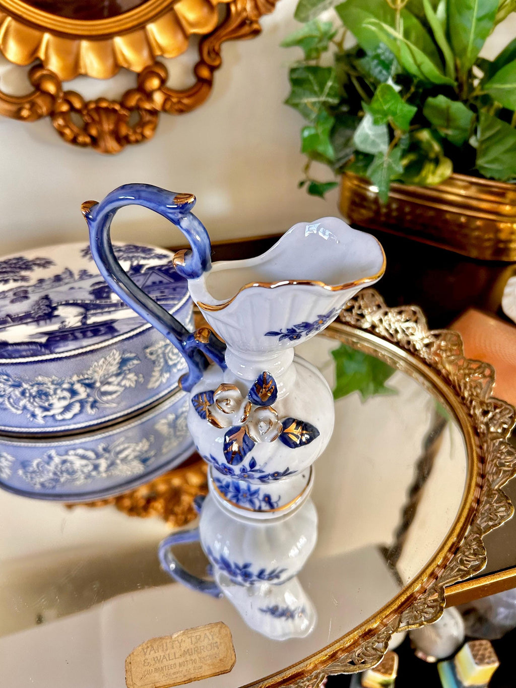 Vintage Brinns Blue and White Ceramic Ewer with Applied Roses